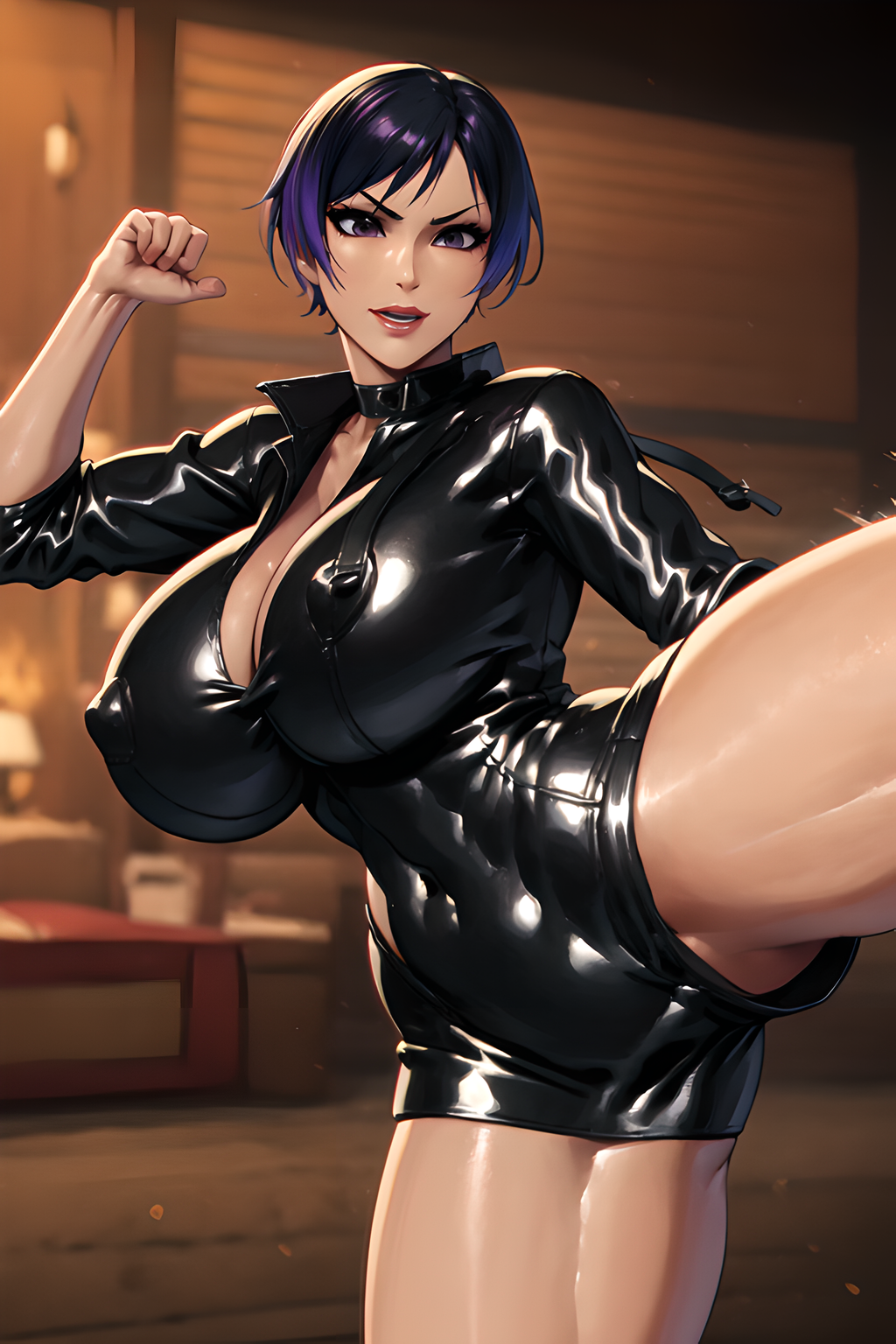 1girls abs ai_generated athletic_female female_abs fit_female kicking large_breasts latex latex_bodysuit latex_pants latex_topwear namco panties purple_hair reina_mishima shiny smoke600 solo_focus stable_diffusion tekken tekken_8