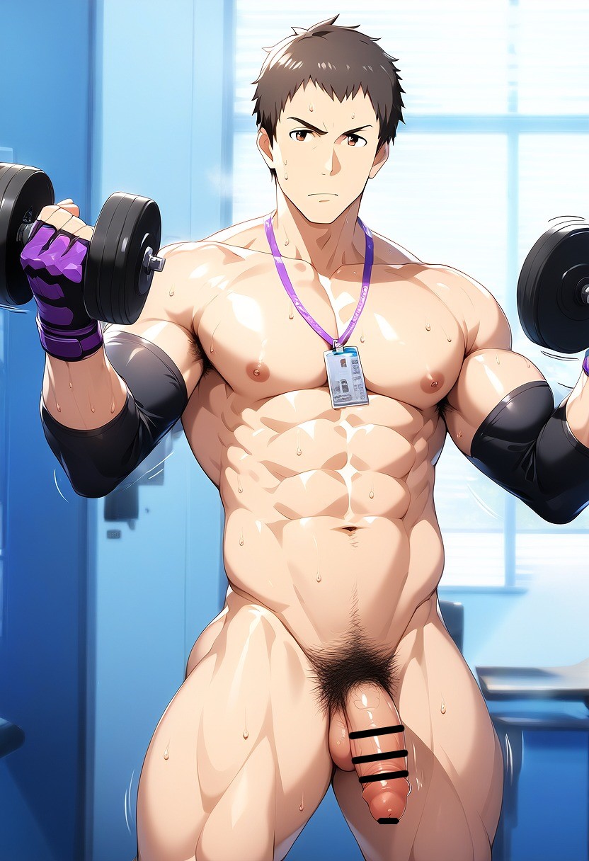 1boy ai_generated brown_hair gloves gym gym_clothes hatopo005 idolmaster idolmaster_side-m male_focus male_only muscular_male penis shingen_seiji solo sportswear weightlifting weights