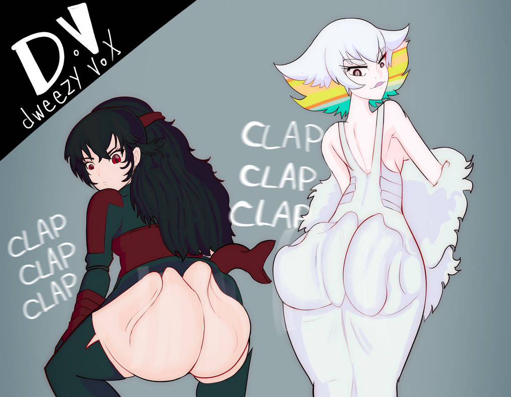 2girls annoyed_expression ass ass_clapping ass_focus ass_ripple black_hair clothing crossover dweezyvox eastern_and_western_character kill_la_kill kiryuuin_ragyou multiple_girls raven_branwen rwby shaking_butt twerking twerkoff