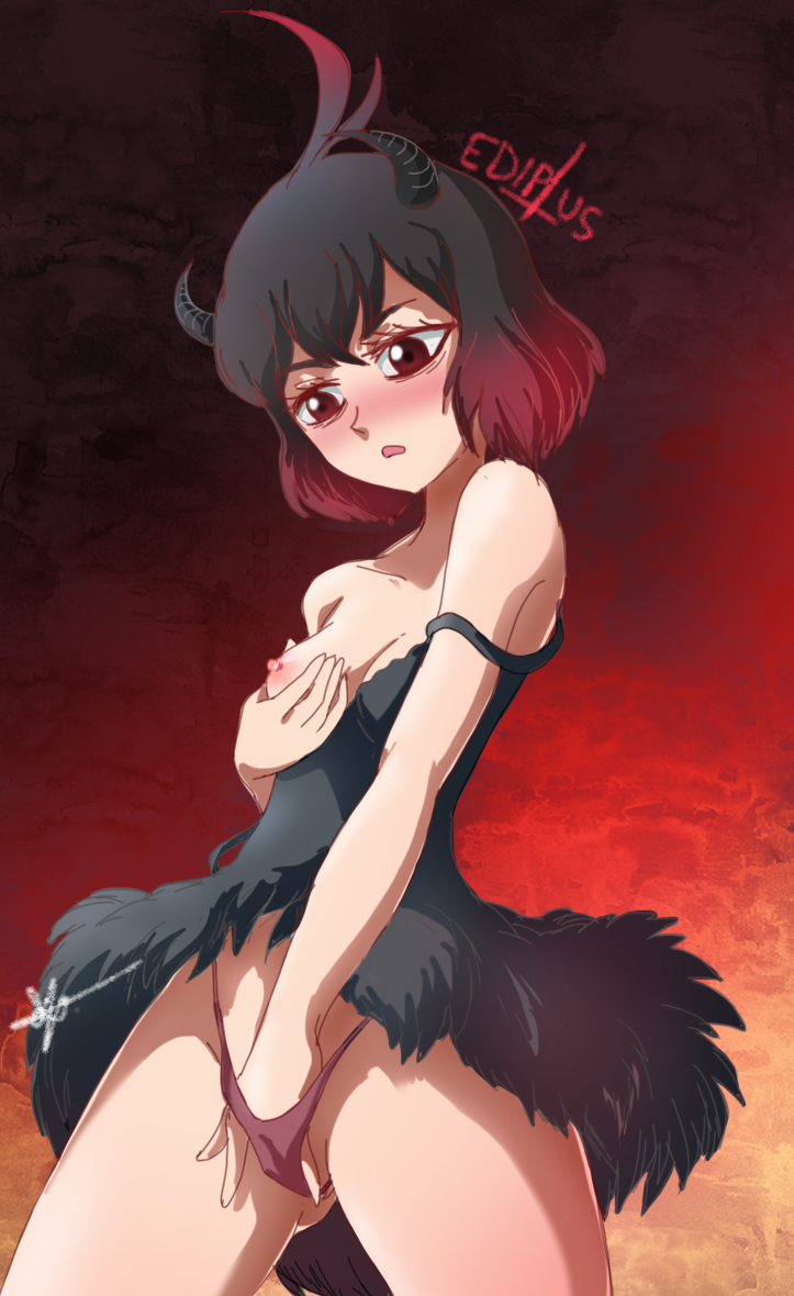 black_clover black_dress black_hair blush horns kuudere masturbation panties pussy red_eyes secre_swallowtail