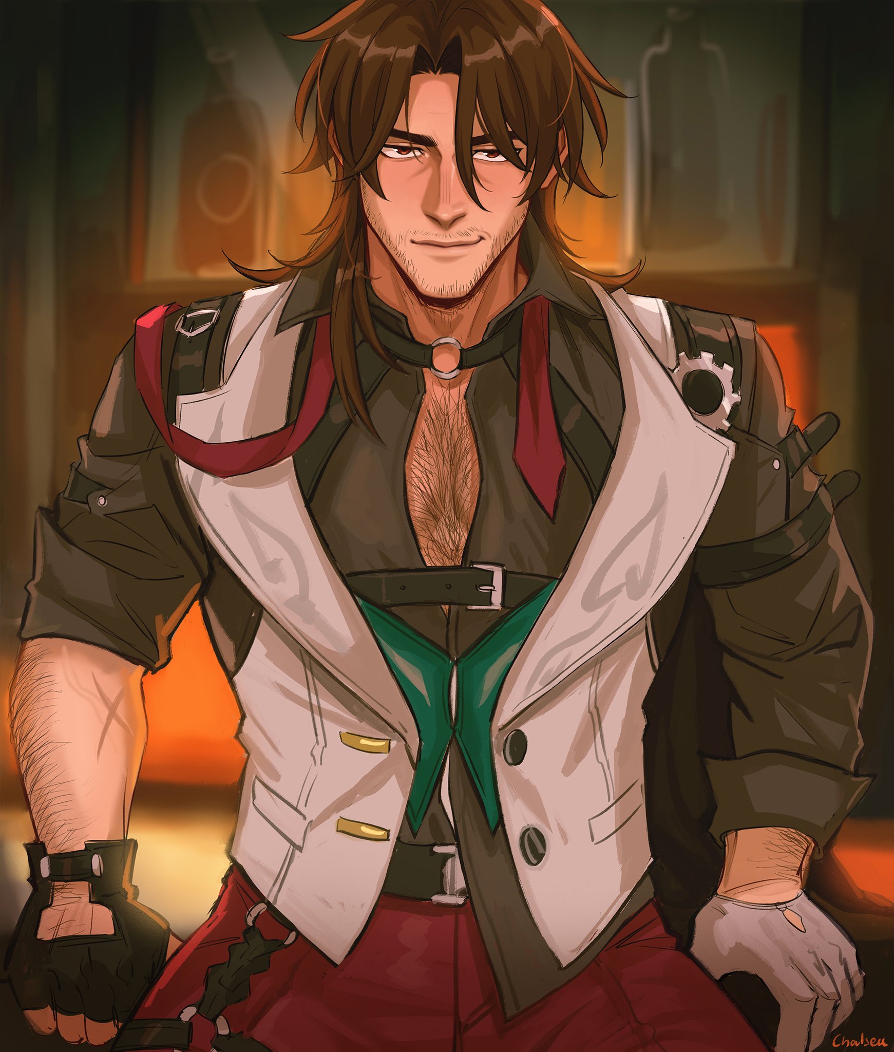 1boy, body hair, brown hair, chest hair, facial hair, fully clothed, gallagher (honkai: star rail), gay, gloves, hairy, honkai: star rail, looking at viewer, male, male only, male pov, muscular, pants, pov, pov male, smile, sombre slahc, tie, yaoi
