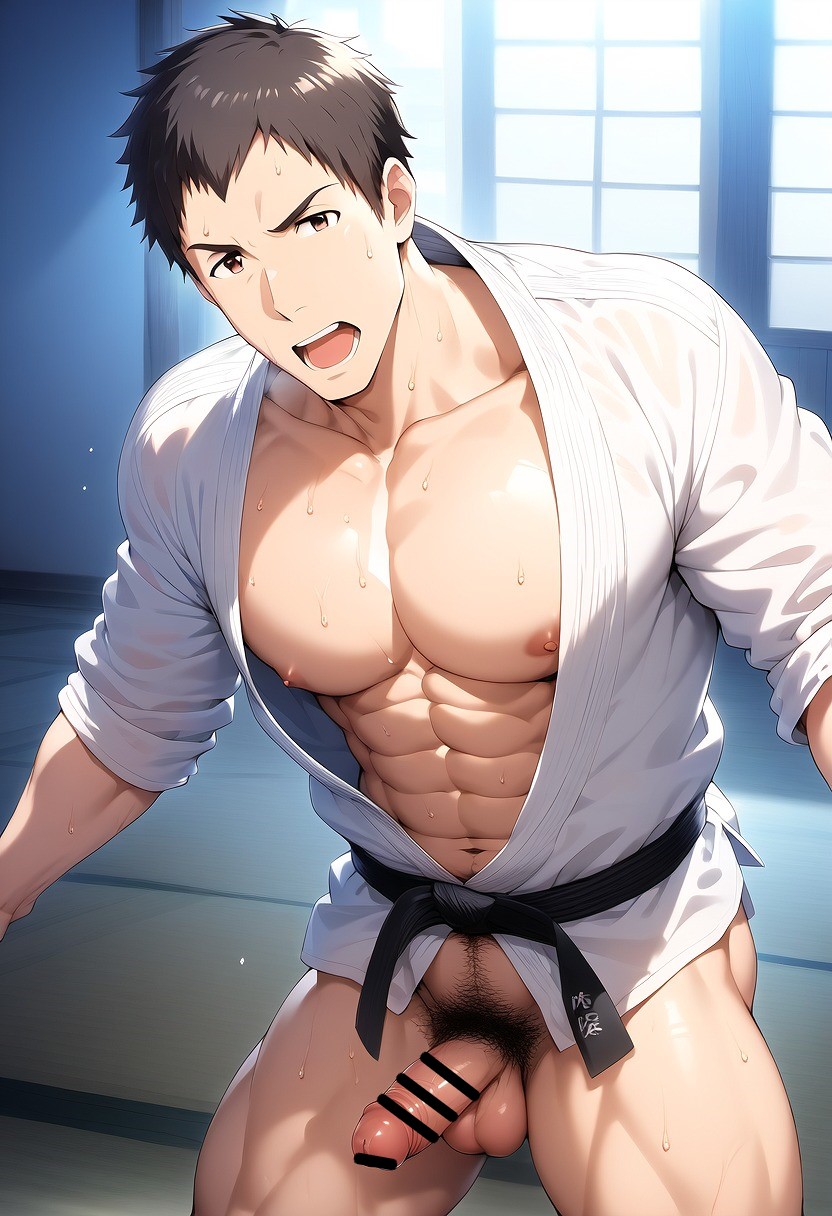 1boy ai_generated bottomless brown_hair dojo hatopo005 idolmaster idolmaster_side-m karate karate_gi male_focus male_only penis robe shingen_seiji solo sportswear