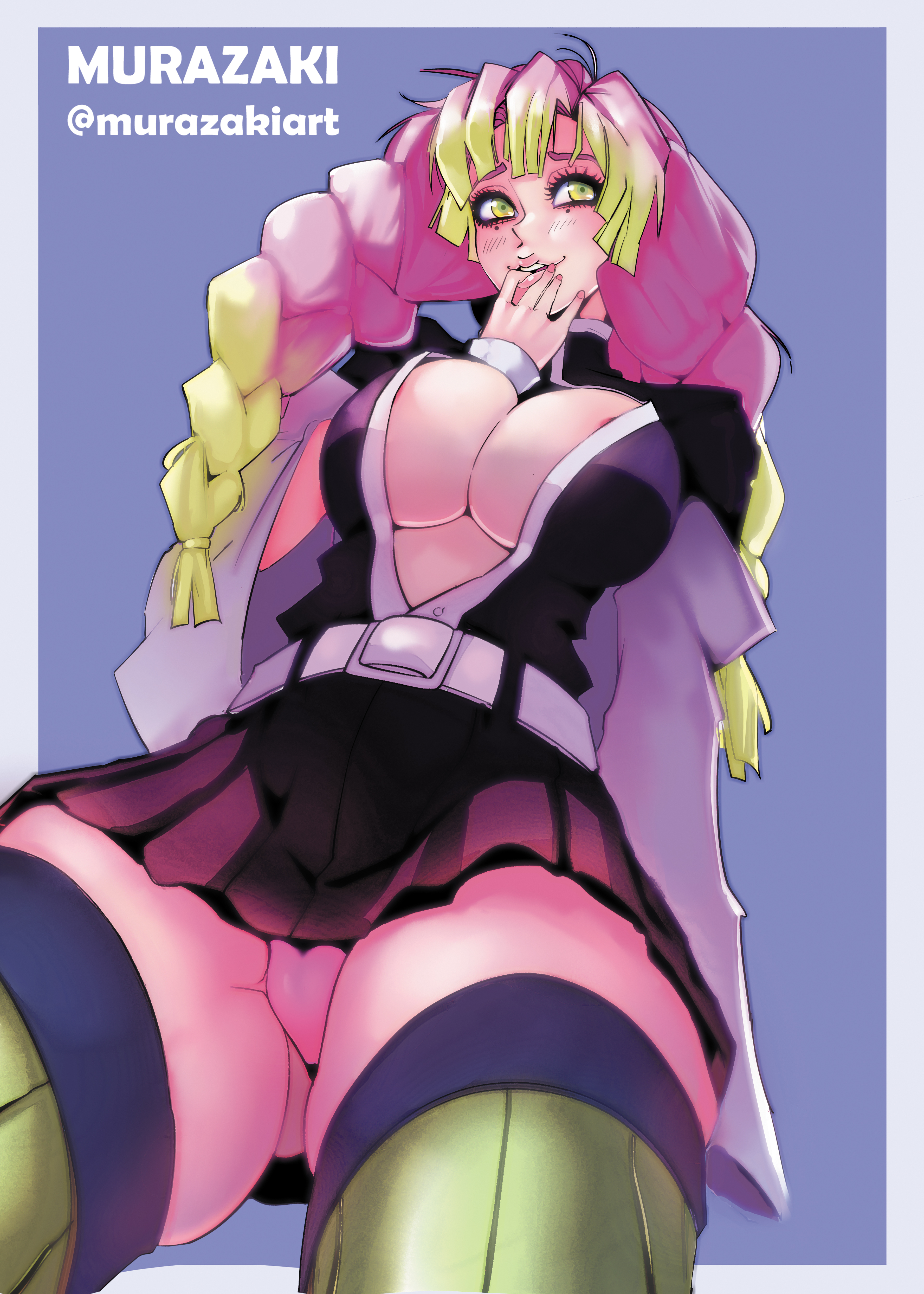 1girls, braided hair, cleavage, curvy, demon slayer, female, haori, kanroji mitsuri, kimetsu no yaiba, low-angle view, no bra, pink hair, pink skin, pink-haired female, pleated skirt, skirt, solo, thighhighs, upskirt
