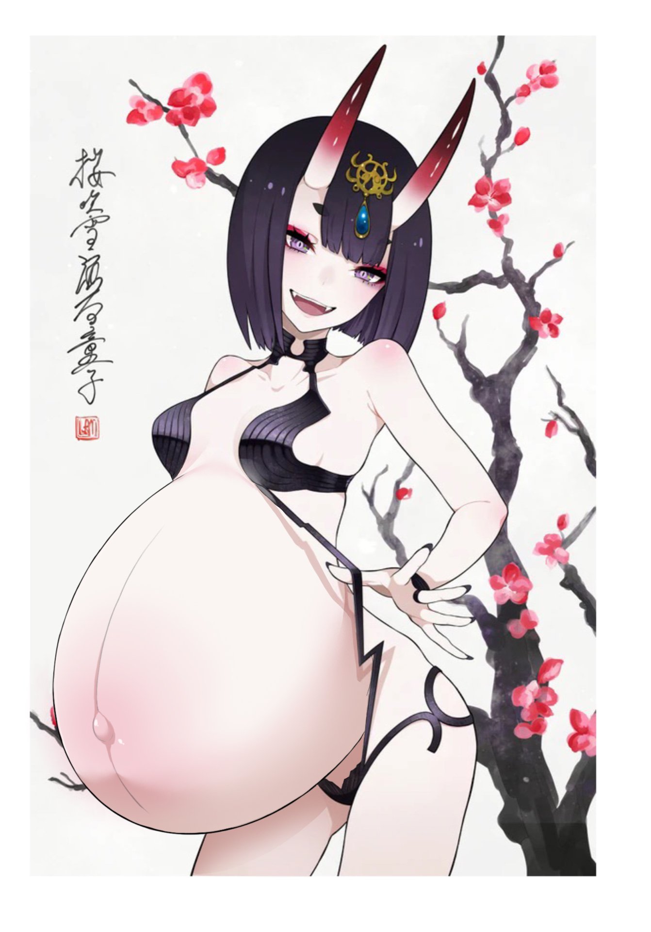 1girls, bangs, belly button, big belly, black nails, breasts, eyebrows visible through hair, eyeshadow, fangs, fate (series), fate/grand order, female, flower, forehead jewel, horns, huge belly, navel, outie navel, pregnant, purple eyes, purple hair, ready to pop, revealing clothes, shuten douji (fate), small breasts, solo, tree, unknown artist, white background