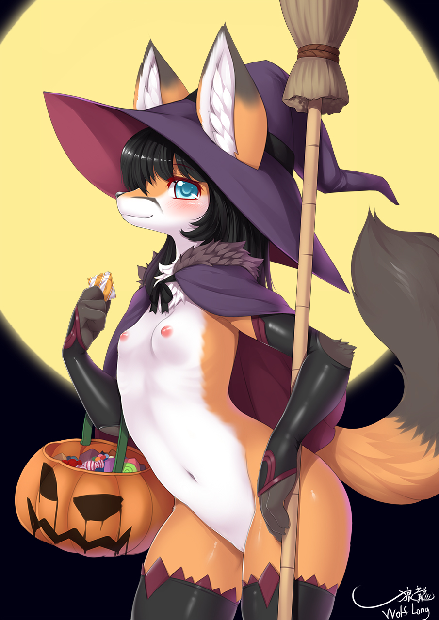 2019 alternate_version_at_source anthro barely_visible_pussy blush breasts canid canine female fox fur furry halloween highres holidays jack-o'-lantern kemono mammal nipples pussy smile solo wolflong