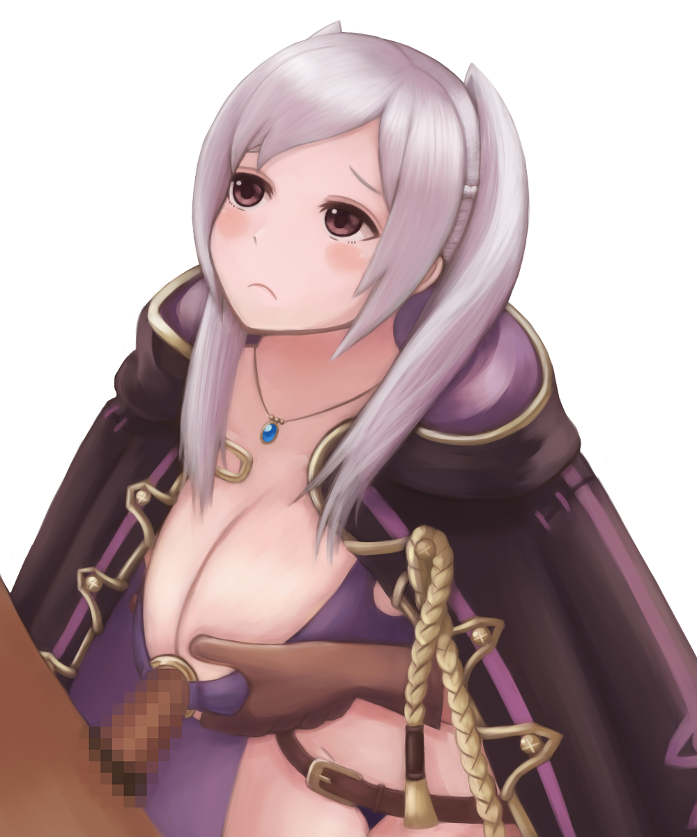 1boy 1girls bikini breasts brown_eyes dark-skinned_male female fire_emblem fire_emblem_awakening fire_emblem_heroes gray_eyes kage_(artist) necklace o-ring o-ring_bikini o-ring_penetration o-ring_top outercourse paizuri robin_(female)_(summer)_(fire_emblem) robin_(fire_emblem) robin_(fire_emblem)_(female) simple_background white_background