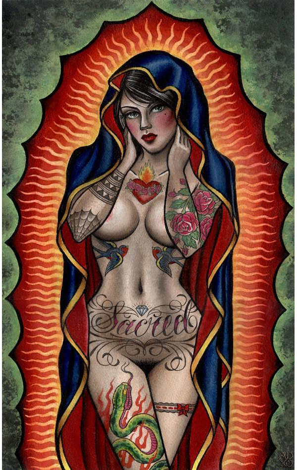 beauty_mark black_hair blasphemy brown_eyes christianity covered_breasts nude_female pubic_hair public_domain religion sacrilegious tattoos virgin_guadalupe wide_hips