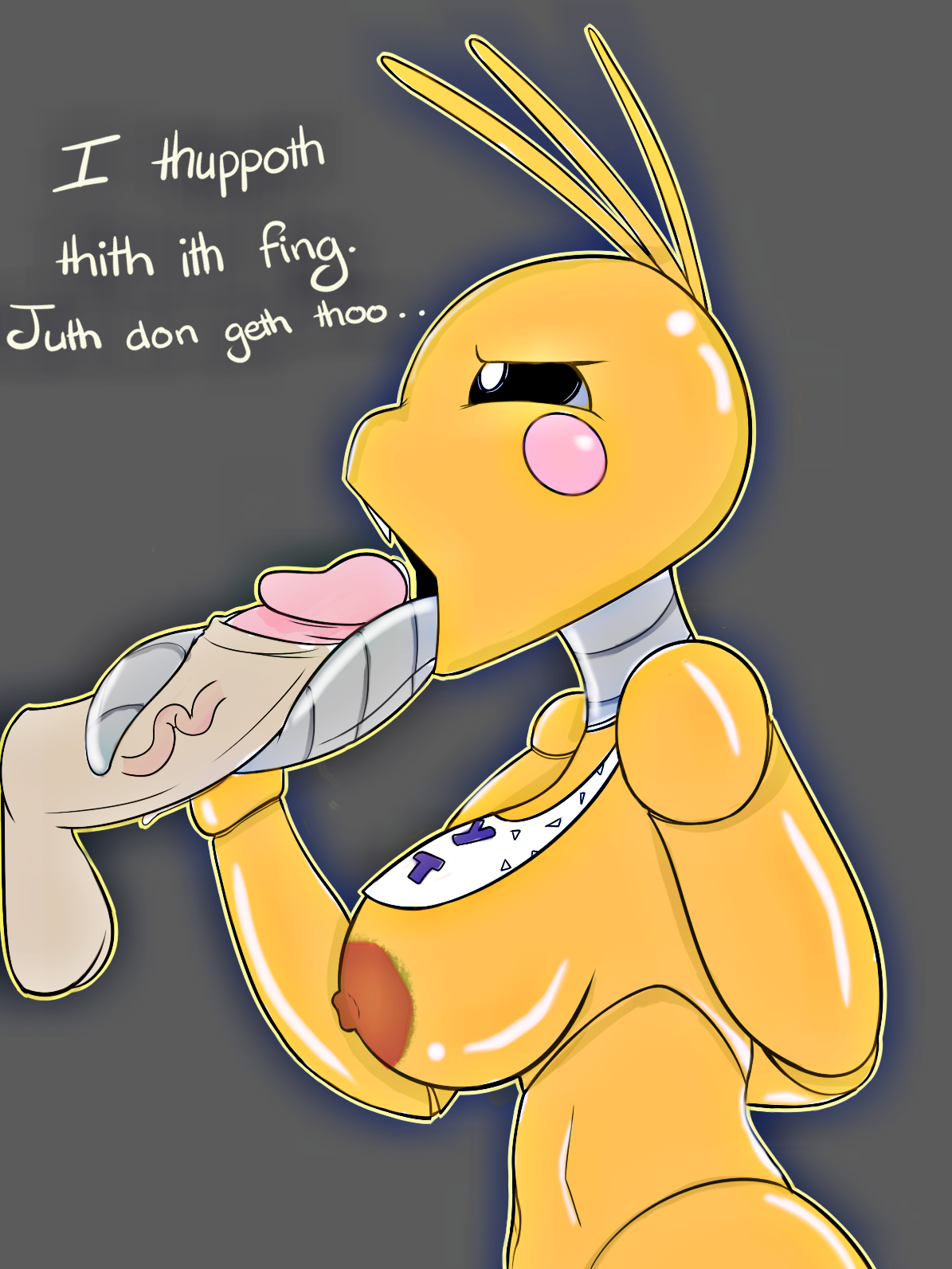 animatronic, anthro, breasts, disembodied penis, female, five nights at freddy's, five nights at freddy's 2, freepancakes, huge breasts, long tongue, male, penis, robot, robot girl, straight, tongue, tongue out, tonguejob, toy chica (fnaf), yellow skin