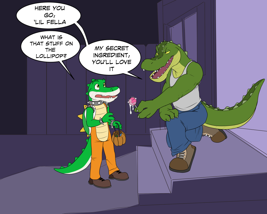 age_difference alligator alligatorid anthro basket bodily_fluids bowser_(cosplay) building candy clothing compfive costume cregon crocodile crocodilian crocodylid cum dialogue food genital_fluids gus_the_gator halloween holidays house lollipop male_only mario_(series) neighborhood nintendo reptile scalie size_difference speech_bubble text video_games