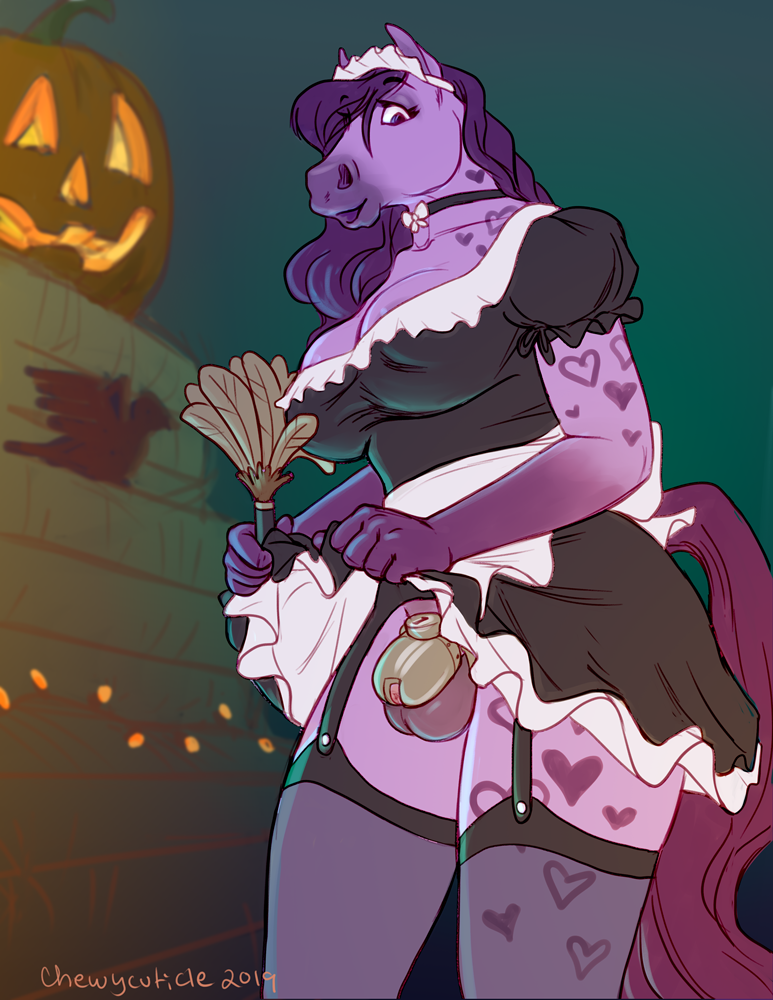 1futa anthro balls big_breasts breasts chastity_cage chastity_device chewycuticle clothed clothing equid equine food fruit futa_only futanari gynomorph horse intersex looking_at_viewer maid_uniform mammal plant pumpkin solo tylor uniform