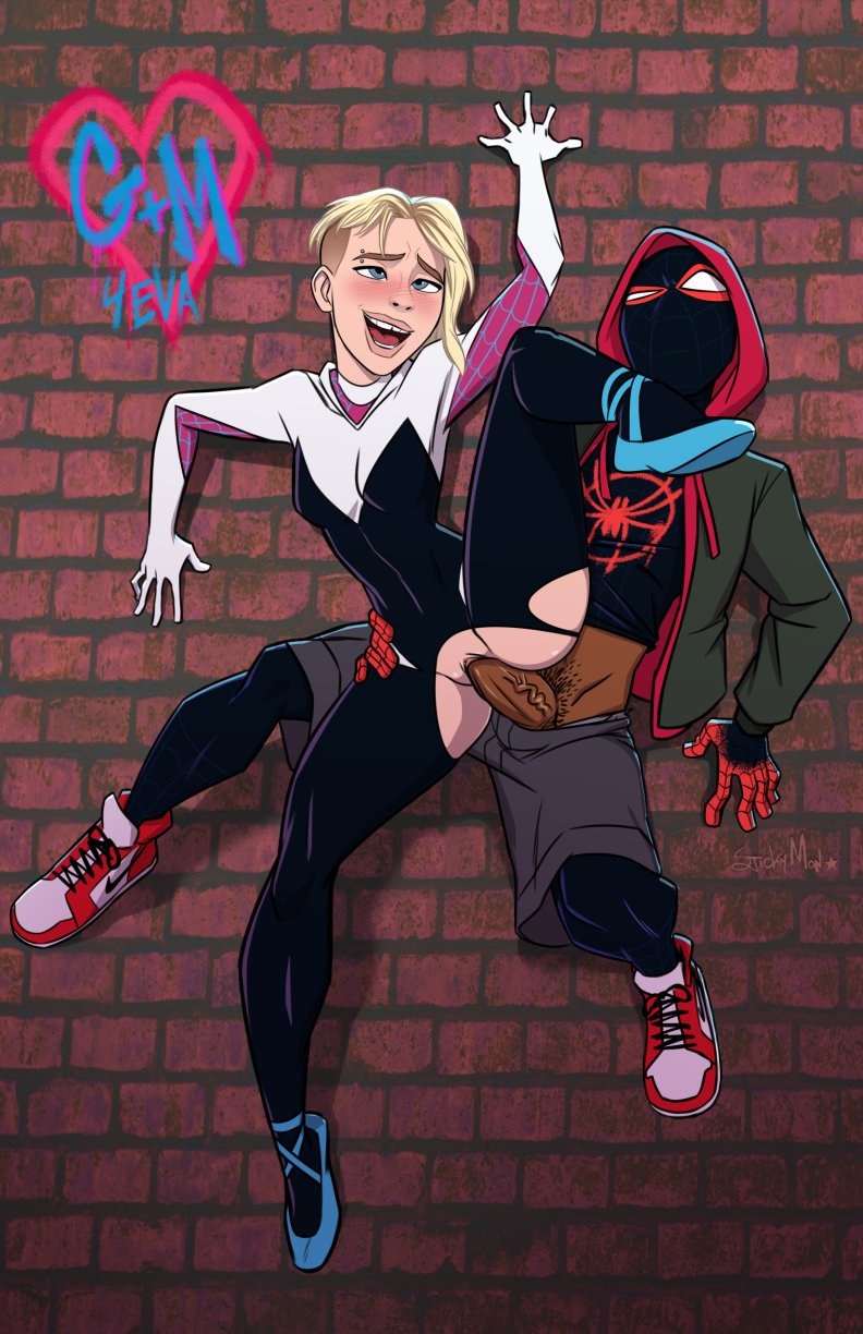 1boy, 1girls, against wall, balls, big penis, blonde hair, blue eyes, bodysuit, clothed sex, clothing, crotchless, dark skin, dark-skinned male, duo, eyebrow piercing, female, flats, gwen stacy, gwen stacy (spider-verse), hair, heart, interracial, male, marvel, marvel comics, mask, miles morales, nike, on wall, open mouth, penetration, penis, piercing, pubic hair, pussy, sex, shoes, shorts, spider sense, spider-gwen, spider-man (miles morales), spider-man (series), spider-man: into the spider-verse, stickymon, straight, straight hair, thick penis, torn clothes, uniform, vagina, vaginal, vaginal penetration, vaginal sex, veiny, wall