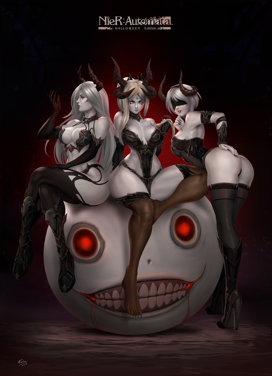3girls, android, artist name, ass, bent over, big ass, big breasts, blindfold, breasts, clothing, corruption, dark persona, demon, felox08, female, female only, hair, high heels, horn, logic virus, long hair, multiple females, multiple girls, nier, nier: automata, red eyes, signature, square enix, thighhighs, video games, white hair, yorha 2b, yorha a2, yorha commander