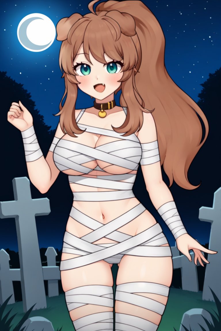 1girls ai_generated animal_ears animal_tail big_breasts breasts brown_hair cemetery dog_girl halloween halloween_costume kemonomimi latam_virtual_youtuber lilybell_vt long_hair looking_at_viewer mummy mummy_costume night outdoors public solo_female tagme thighs tupadrev4 virtual_youtuber vtuber