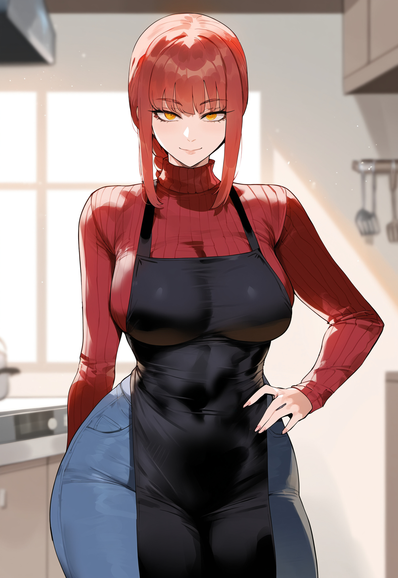 1girls, ai generated, apron, braid, breasts, chainsaw man, creamy ai, curvy, denim, female, jeans, kitchen, large breasts, long hair, makima (chainsaw man), narrow waist, red hair, red sweater, solo, sweater, thick thighs, turtleneck, wide hips, yellow eyes