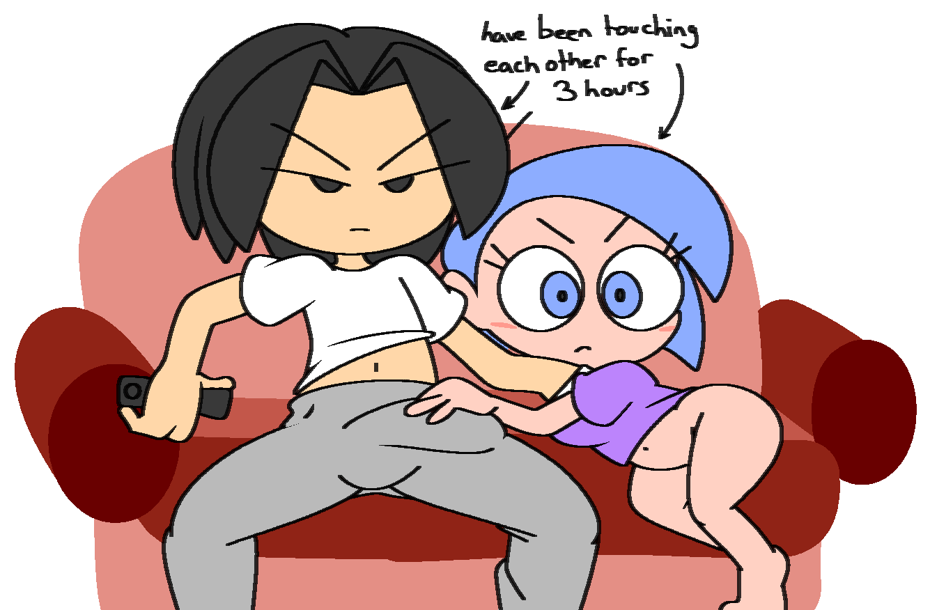 2girls black_eyes black_hair blue_eyes blue_hair bottomless distracted dreamberry_(vilepluff) hihi_(vilepluff) partially_clothed penis_visible_through_pants tagme vilepluff watching_tv