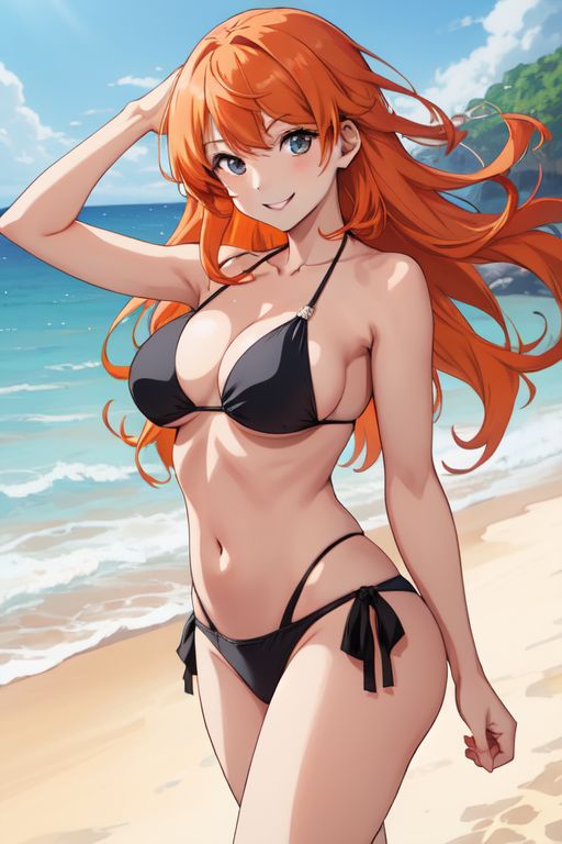 1girls ai_generated amanda_(tdm) beach beach_background bikini black_bikini brazilian breasts female female_only hand_on_hair hand_on_head looking_at_viewer monica's_gang ocean orange_hair red_hair sand smile_at_viewer smiling smiling_at_viewer solo teenage_girl teenager turma_da_monica turma_da_monica_jovem water