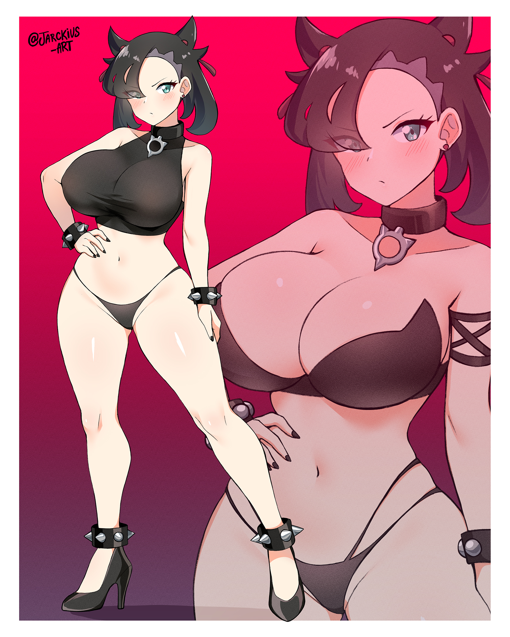 1girls, alternate breast size, black hair, breasts, female, game freak, goth, huge breasts, jarckius, light skin, light-skinned female, looking at viewer, marnie (pokemon), pokemon, pokemon ss, pose, posing, thick thighs