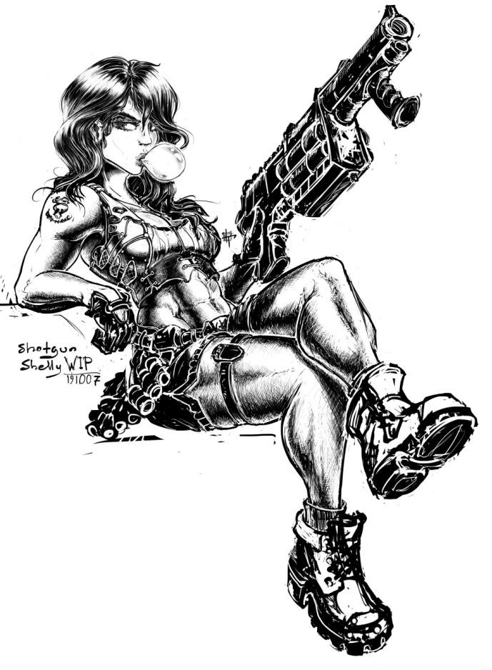 3d_realms abs arm_rest biceps big_breasts bombshell_(series) boots bubble_gum busty calves cleavage crop_top crossed_legs eyelashes eyeliner female female_focus female_only fingerless_gloves firearm footwear grenade_launcher gun handwear holster hourglass_figure human ion_fury large_breasts long_hair monochrome muscle_tone muscles muscular muscular_arms muscular_calves muscular_female muscular_legs muscular_thighs navel pale_skin pinup pose posing shelly_harrison short_shorts shotgun sitting solo tank_top tattoo thigh_strap vest weapon wide_hips