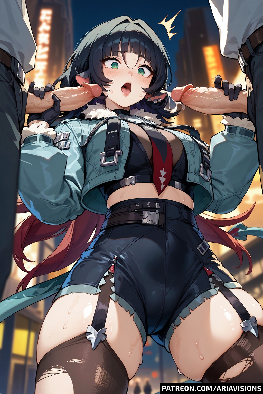 1girl 2boys ai_generated ariavisions black_hair denim_shorts double_handjob green_eyes jane_doe_(zenless_zone_zero) male mouse_ears open_jacket red_hair ripped_pantyhose surprised tail zenless_zone_zero