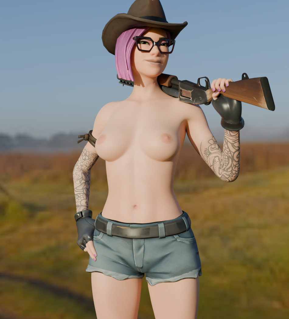 1girl 1girls 3d_(artwork) arm_tattoo blender calamity_(fortnite) cowboy_hat cowgirl fortnite glasses hi_res holding_weapon lynx_(fortnite) pink_hair plentysession tits_out western