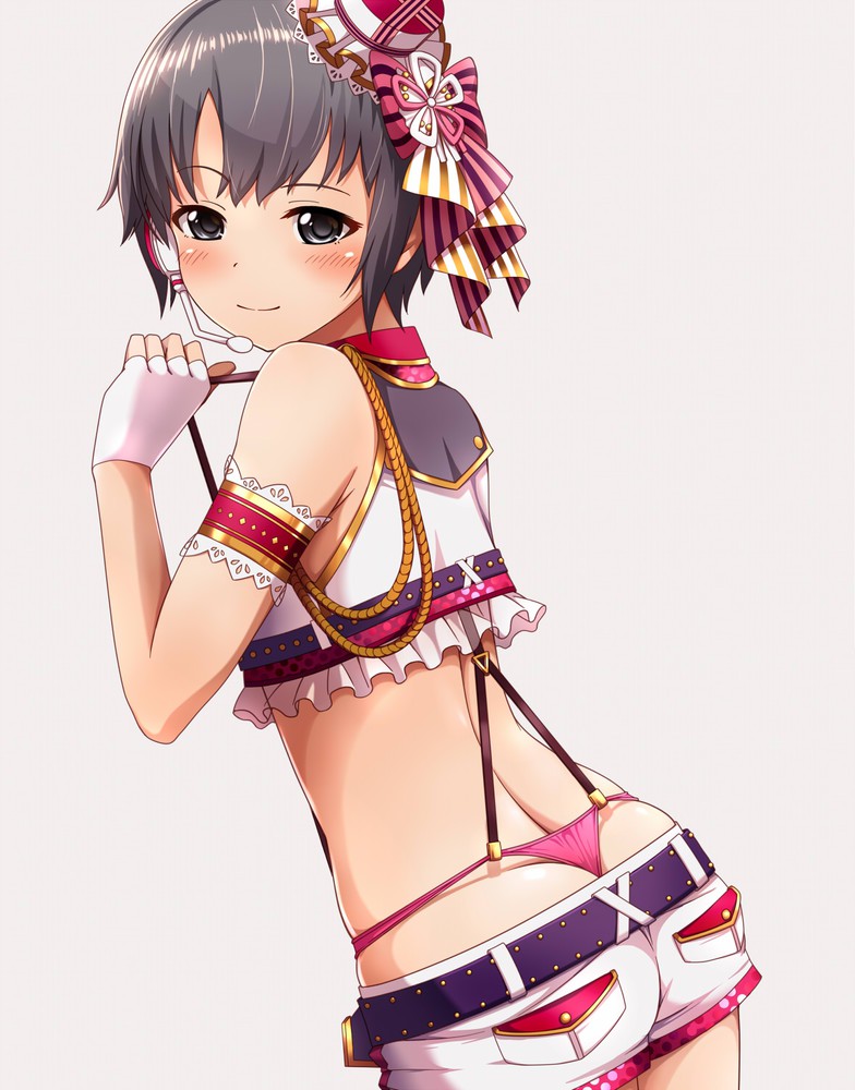 1girls armband ass ass_cleavage bedroom_eyes blush butt_crack cute female female_only fingerless_gloves fully_clothed gloves hadome hair_ornament hair_ribbon half-closed_eyes hat headset idol idolmaster idolmaster_cinderella_girls light-skinned_female looking_at_viewer looking_back microphone naughty_face otokura_yuuki panties pink_panties playful purple_hair raised_eyebrow rear_view seductive seductive_look seductive_smile short_hair short_shorts shorts singer smiling solo standing suspenders teasing thong very_short_hair wedgie white_background white_gloves white_skin