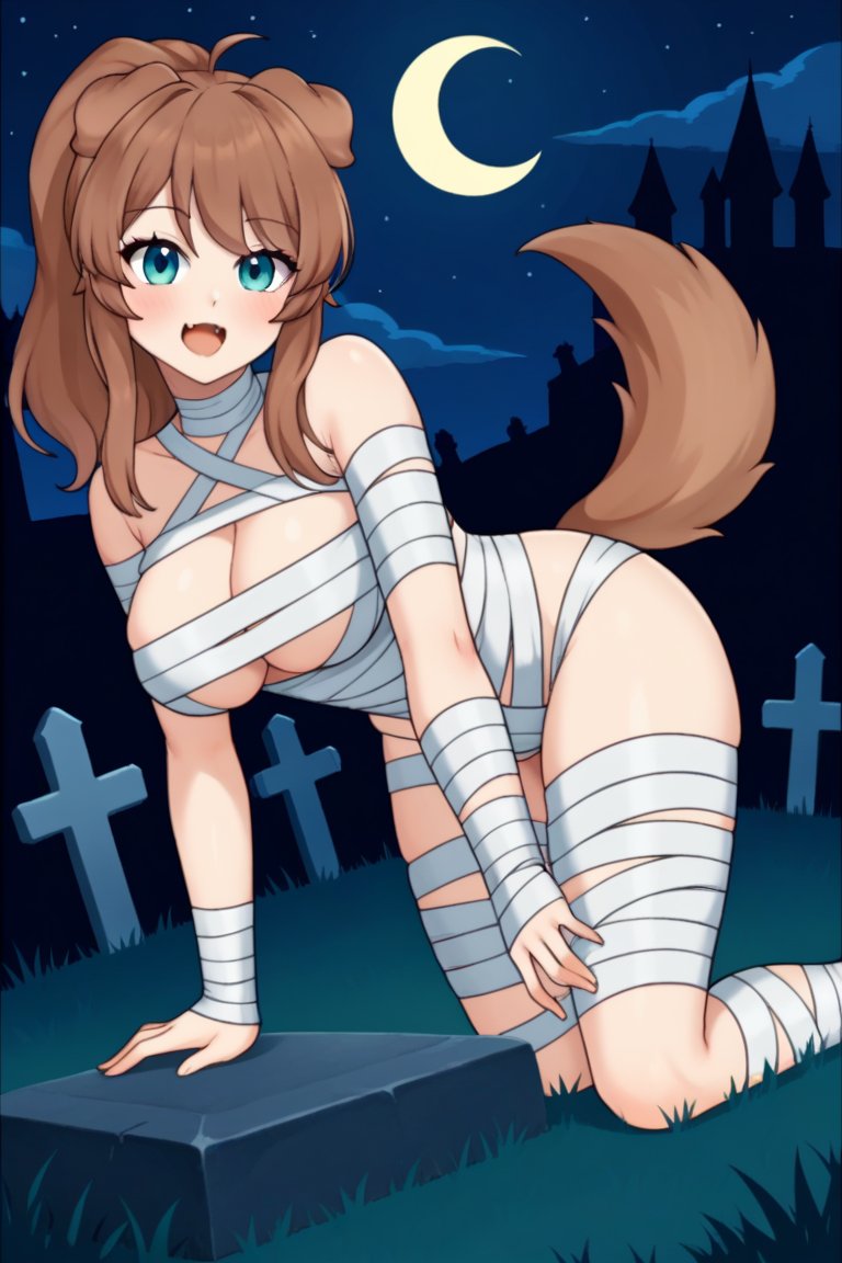 1girls ai_generated animal_ears animal_tail big_breasts breasts brown_hair cemetery dog_girl halloween halloween_costume kemonomimi latam_virtual_youtuber lilybell_vt long_hair looking_at_viewer mummy mummy_costume night outdoors public solo_female tagme thighs tupadrev4 virtual_youtuber vtuber