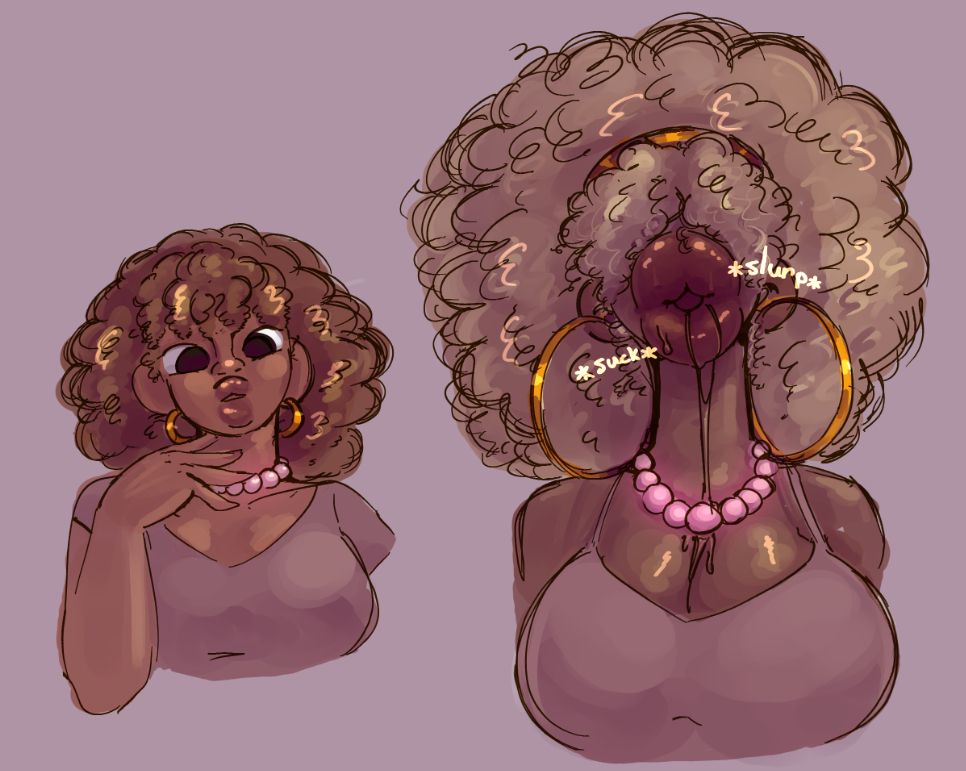 abomination big_lips big_lips_no_eyes bimbo bimbo_lips bimbofication breast_expansion drooling eyes_covered headband hoop_earrings hyper_lips long_neck magic necklace original_character pearl_necklace plump_lips syllabunne transformation transformation_sequence