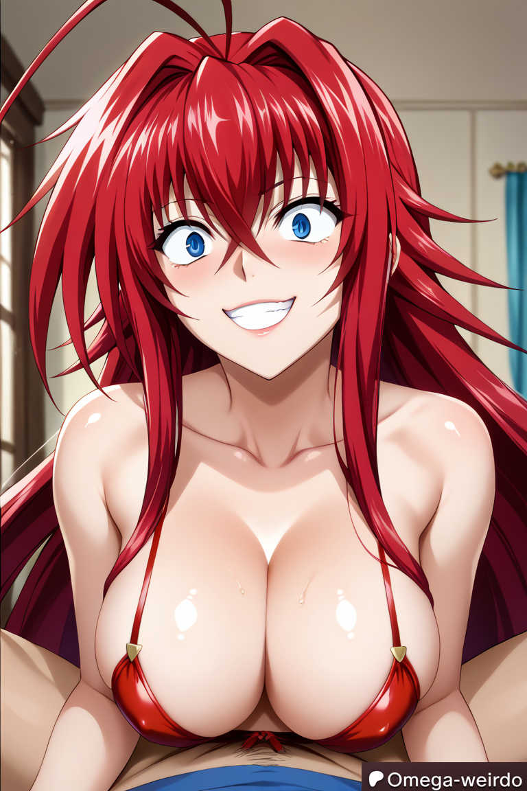 1girl1boy ai_generated bedroom big_breasts big_smile bikini blue_eyes constricted_pupils crazy_eyes crazy_smile evil_smile female gigantic_breasts high_school_dxd hyoudou_issei indoor indoors long_hair looking_at_viewer omega-weirdo patreon pov pov_male red_hair rias_gremory shrunk_pupils sidelocks smile titjob yandere