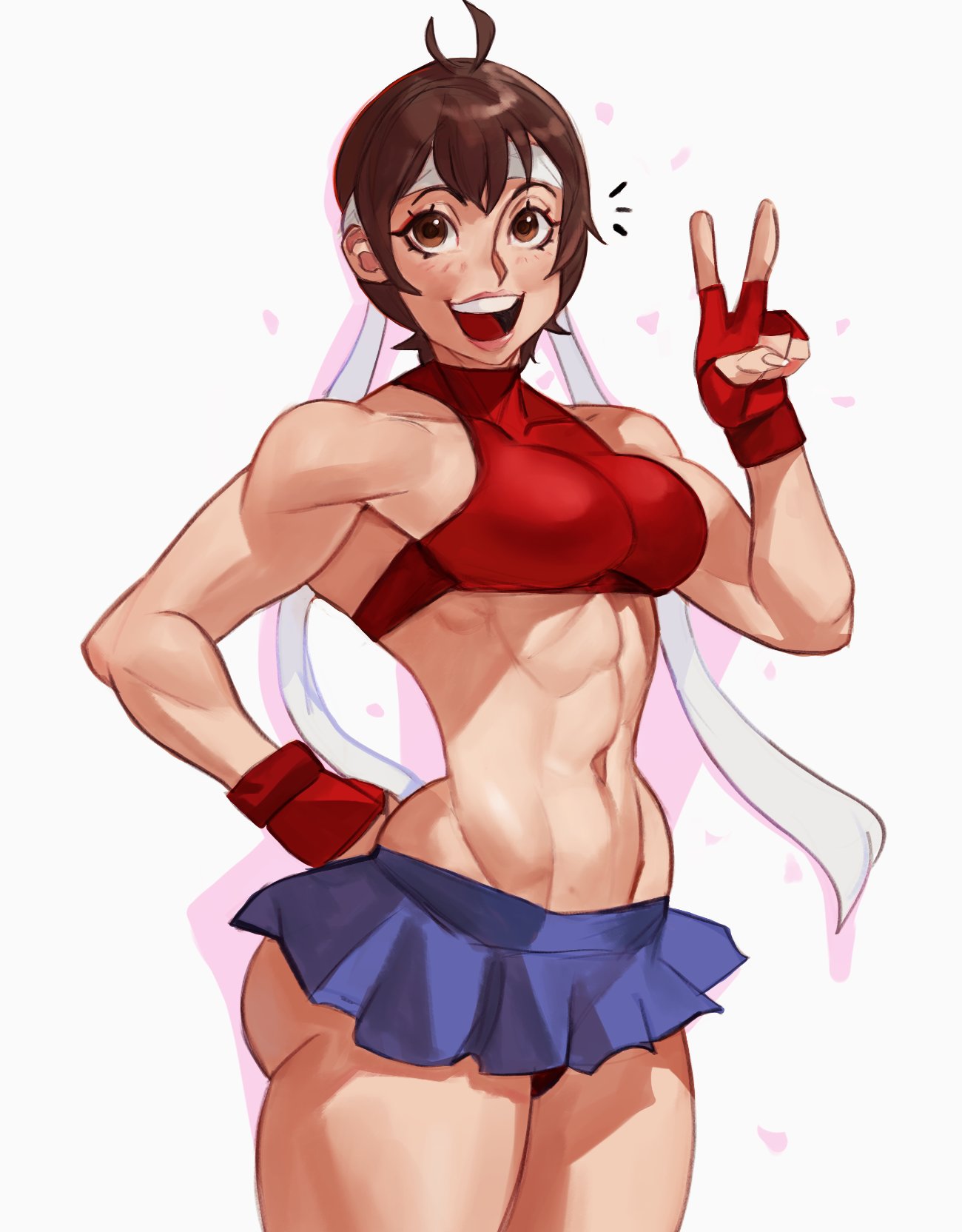 1girls ass big_ass bra breasts brown_eyes brown_hair capcom dlusional gloves hand_on_hip headband miniskirt muscles muscular muscular_female panties peace_sign sakura_kasugano skirt small_breasts street_fighter thick thick_ass thick_thighs tomboy