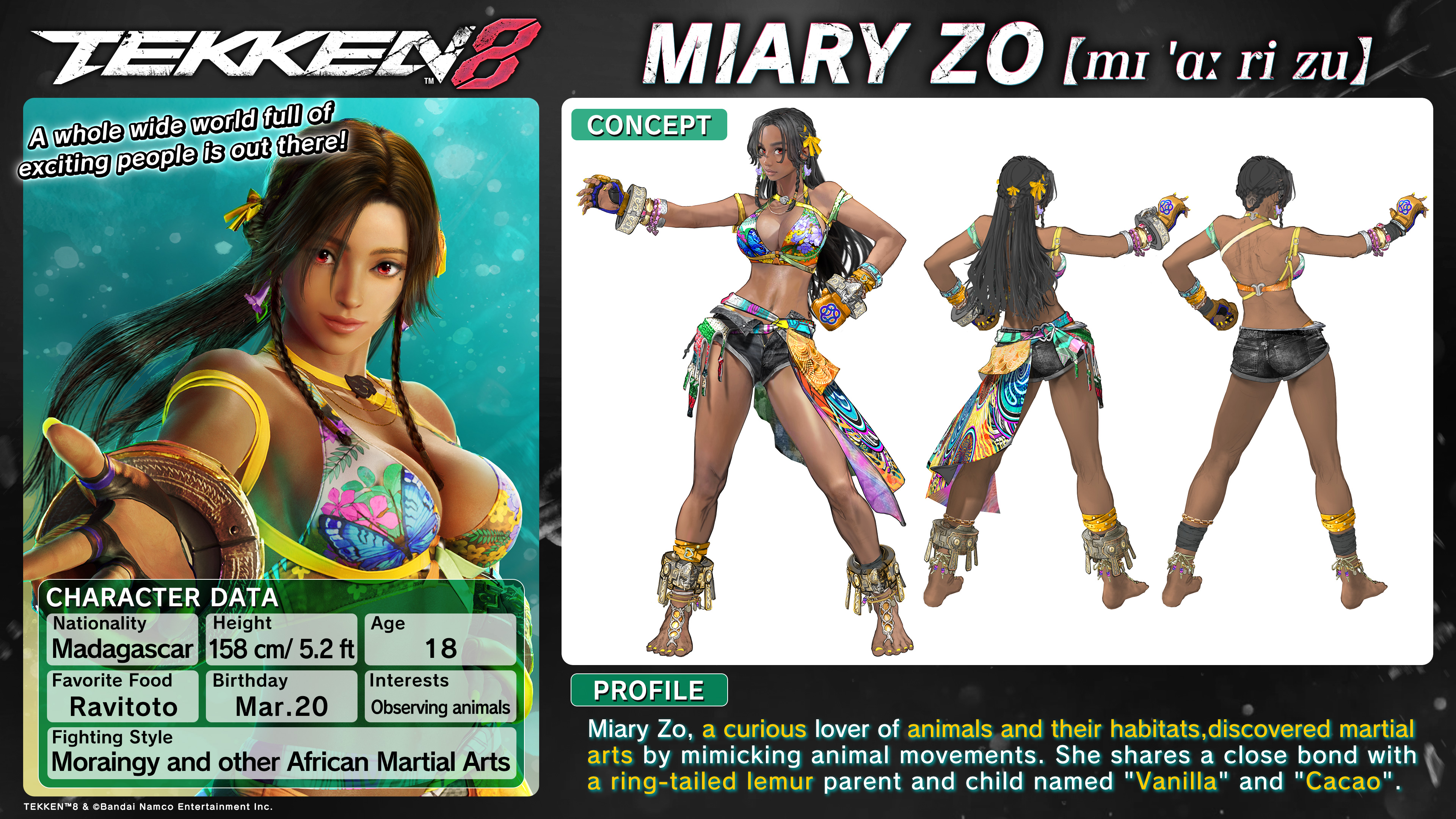 1girls, 2025, 2d, 2d (artwork), 3d, 3d (artwork), african, african female, anklet, barefoot, black hair, black shorts, breasts, brown lips, character name, character profile, character sheet, cleavage, concept art, contrapposto, dark skin, dark-skinned female, english text, female, female only, fingerless gloves, full body, gloves, hair ribbon, hotpants, human, human only, kawano takuji, long hair, looking at viewer, madagascar, magenta eyes, malagasy, medium breasts, miary zo, mma gloves, namco, navel, official art, open fly, questionable, sarong, shorts, solo, solo female, standing, teenage female, teenager, tekken, tekken 8, text, toenail polish, toned, turnaround, yellow nails