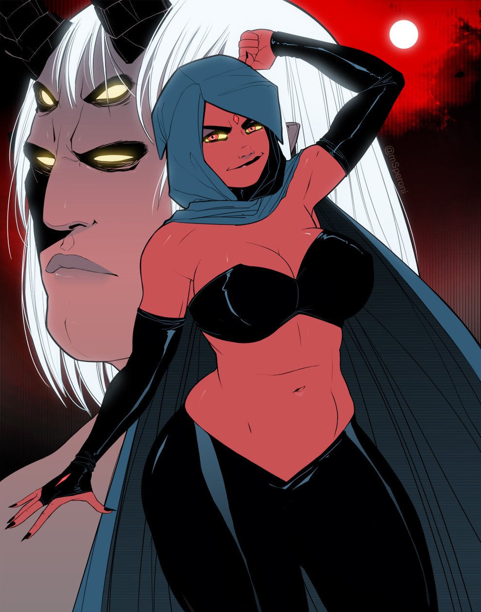 1boy 1girls 4_eyes arm_sleeves armpits artist_name ass bare_midriff bare_shoulders big_breasts black_lips black_nails bra breasts busty cape cleavage cloak clothed clothed_female clothing daughter dc dc_comics demon demon_girl eyelashes eyeliner eyeshadow father father_and_daughter female female_focus fingerless_arm_sleeves flexing forehead_jewel hooves hourglass_figure humanoid large_breasts leather_gloves leather_pants leggings lipstick long_fingernails looking_at_viewer makeup male mascara multi_eye nail_polish navel pinup pose posing rachel_roth raven_(dc) red_eyes red_skin short_hair skin_tight standing stomach superheroine tagme teen_titans thick_thighs trigon triplexmile uncensored wide_hips yellow_sclera