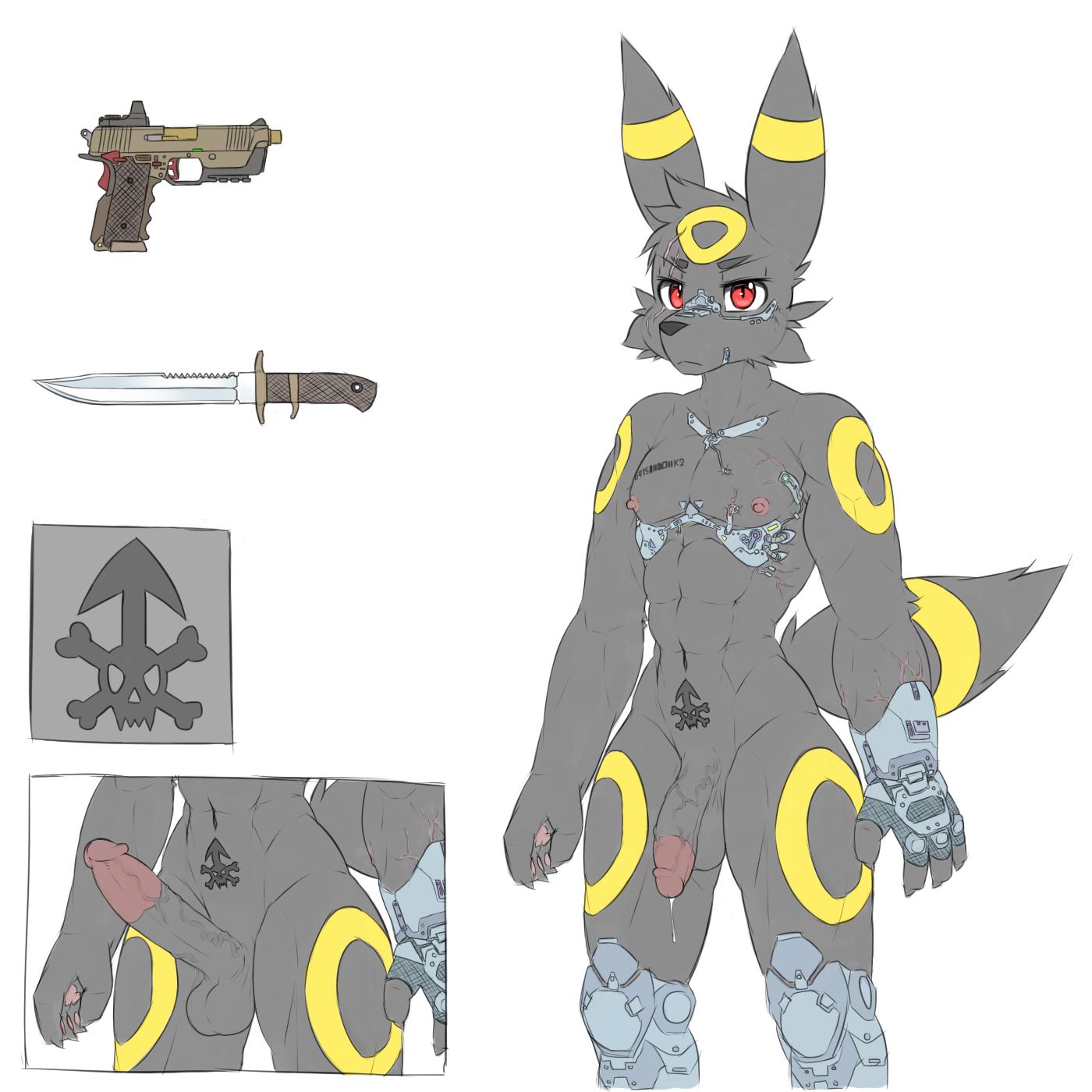 1:1 1boy abs anthro anthrofied big_penis black_body black_fur black_nose bodily_fluids circumcised circumcision_scar cybernetics cyborg eeveelution erection eye_contact fur furry genital_fluids genital_scar gun half-closed_eyes hi_res hitomaru humanoid_penis knife looking_at_viewer machine male muscular nintendo nipples original_character penis pokémon_(species) pokemon pokemon_gsc precum ranged_weapon red_eyes scar simple_background sketch source_request tattoo thick_thighs umbreon veins veiny_penis video_games weapon white_background