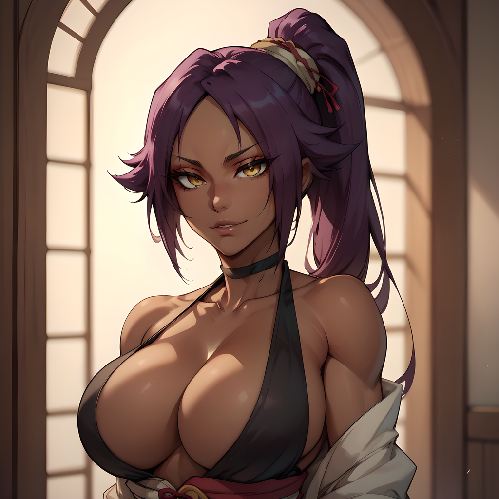 ai_generated big_breasts bleach choker dark-skinned_female eogard_orc looking_at_viewer muscular_female purple_hair seductive_eyes seductive_look seductive_smile self_upload shihouin_yoruichi stable_diffusion tanned_skin waist_up yellow_eyes