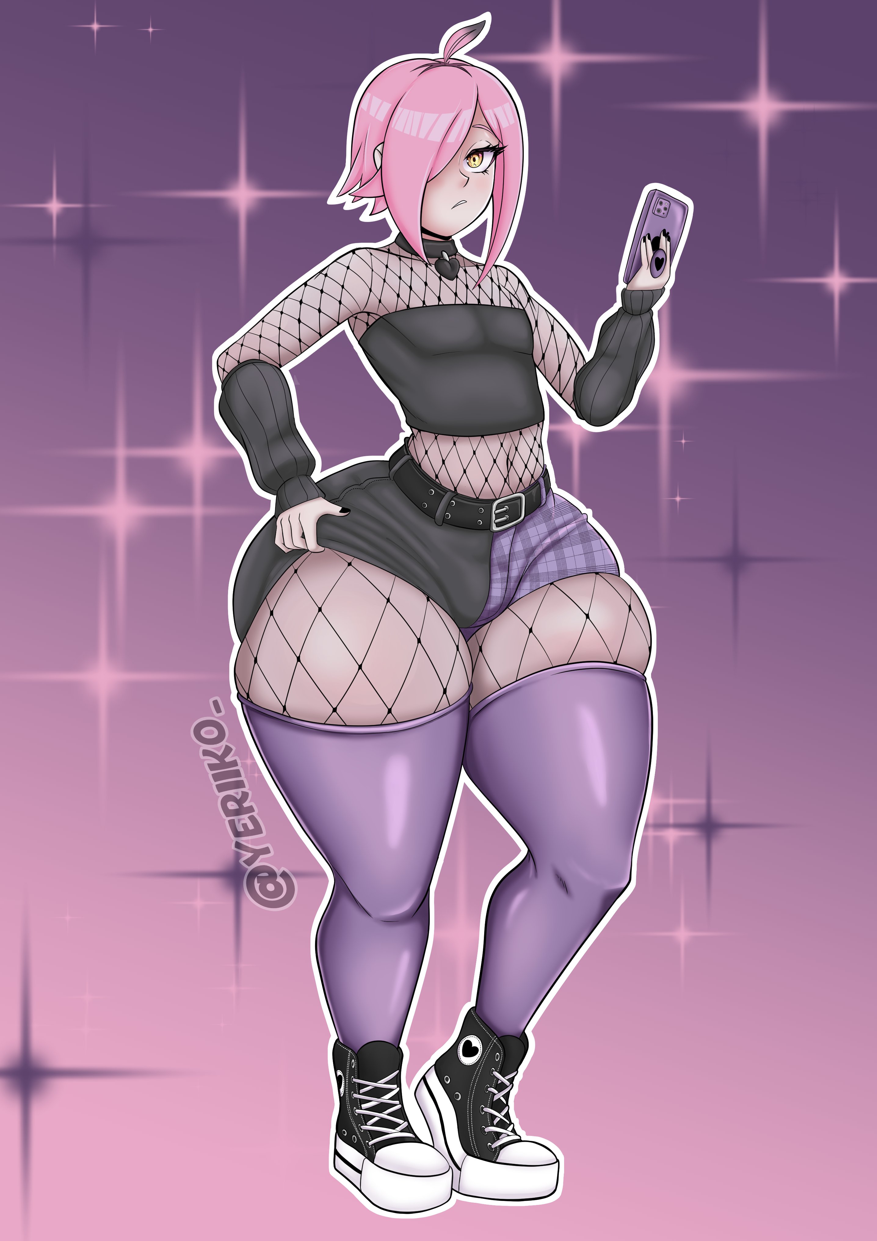 1boy, 1femboy, ahoge, black nails, bulge through clothing, collar, elbow gloves, eyelashes, fat ass, feather, feather in hair, feathers, femboy, fishnet clothing, fishnet stockings, fishnets, hair over one eye, huge thighs, latam virtual youtuber, male, neneefthy, painted nails, phone, pink hair, rule 63, shoes, shorts, simple background, thick thighs, thighs, twitter username, vtuber, yellow eyes, yeriiko