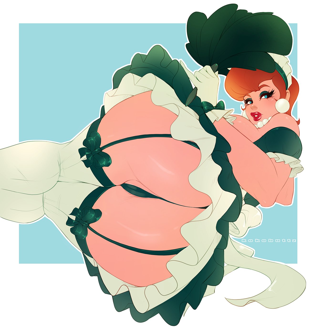 1girls, artist name, ass, bewitching thighs, big ass, clothing, dexter's laboratory, dexter's mom, female, female only, garter belt, hair, kokobuttz, maid, mature, mature female, milf, orange hair, panties, solo, thighhighs, watermark