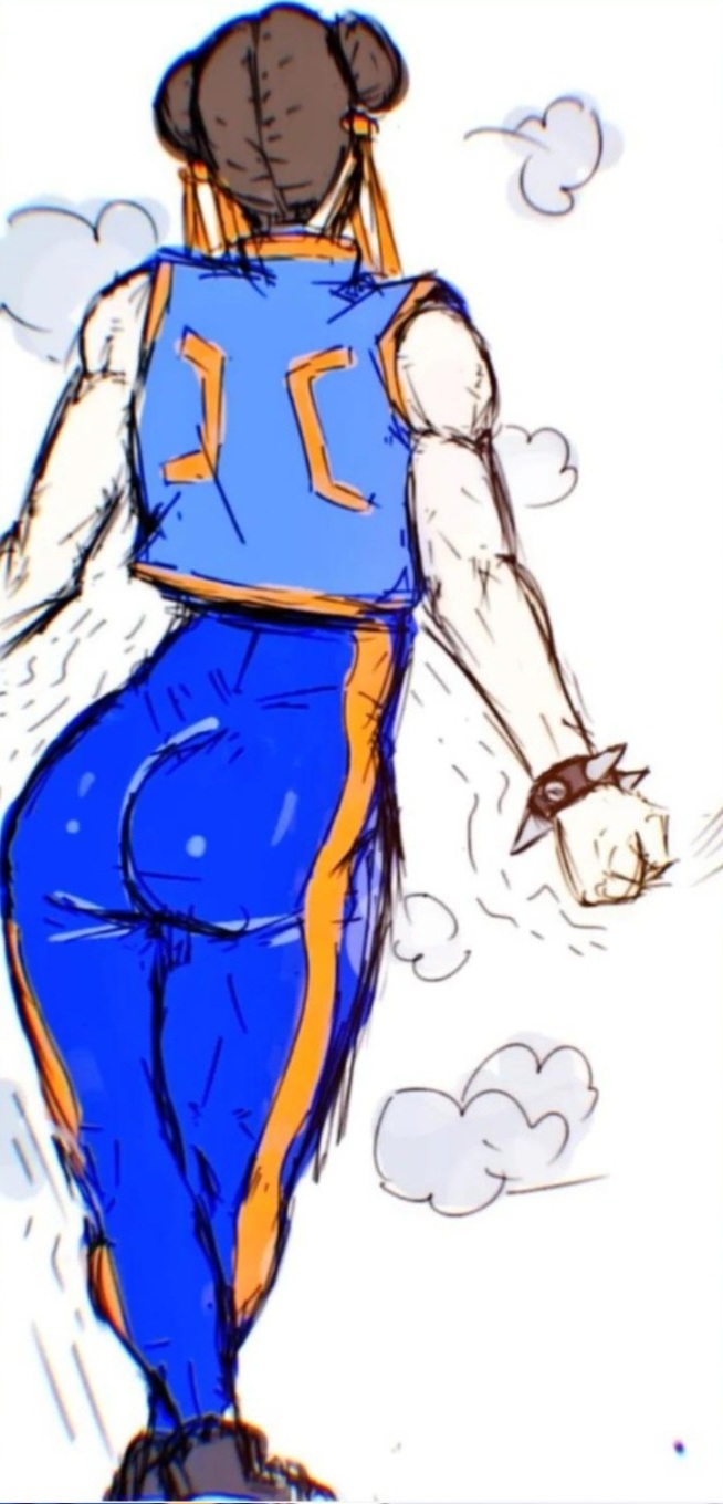 bodysuit brown_hair chun-li_(fortnite) hair_bun hair_ornament hair_ribbon legs_crossed muscular muscular_female no_background presenting_hindquarters randomart steam street_fighter stretching thick_thighs tight_clothing toned_female