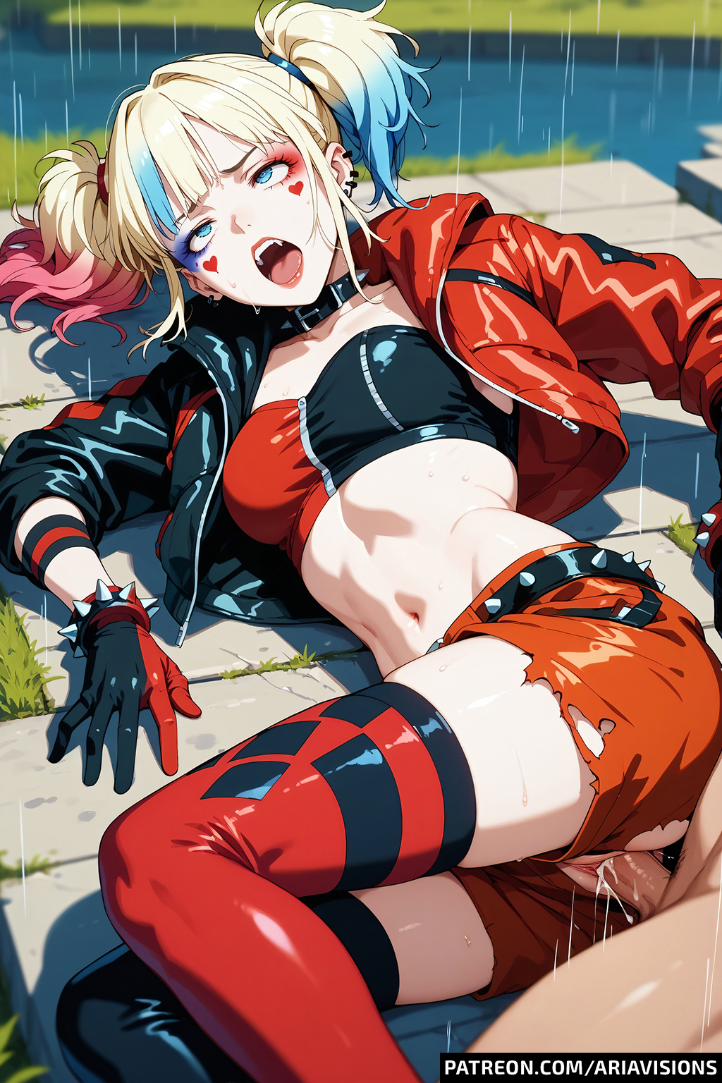 ai_generated ariavisions blonde_hair blue_eyes blue_hair choker cum_in_pussy dc dc_comics ear_piercing from_side harley_quinn lying_on_side multicolored_hair pink_hair screaming_in_pleasure sex suicide_squad suicide_squad_isekai twintails