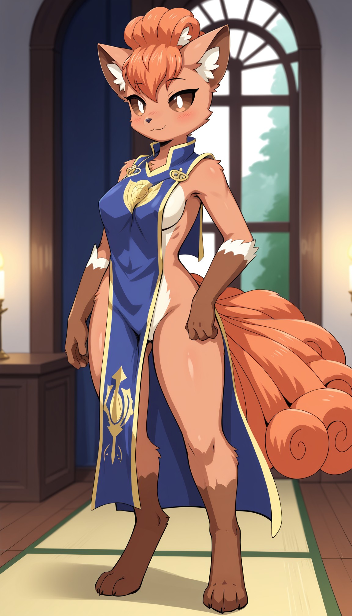 1girls 2024 ai_generated anthro blushing brown_eyes canine digitigrade female female_only fox generation_1_pokemon hi_res indoors inner_ear_fluff innie_pussy looking_at_viewer milf multiple_tails nintendo pokemon pokemon_(species) pussy sideboob smile tabard vulpix wide_hips