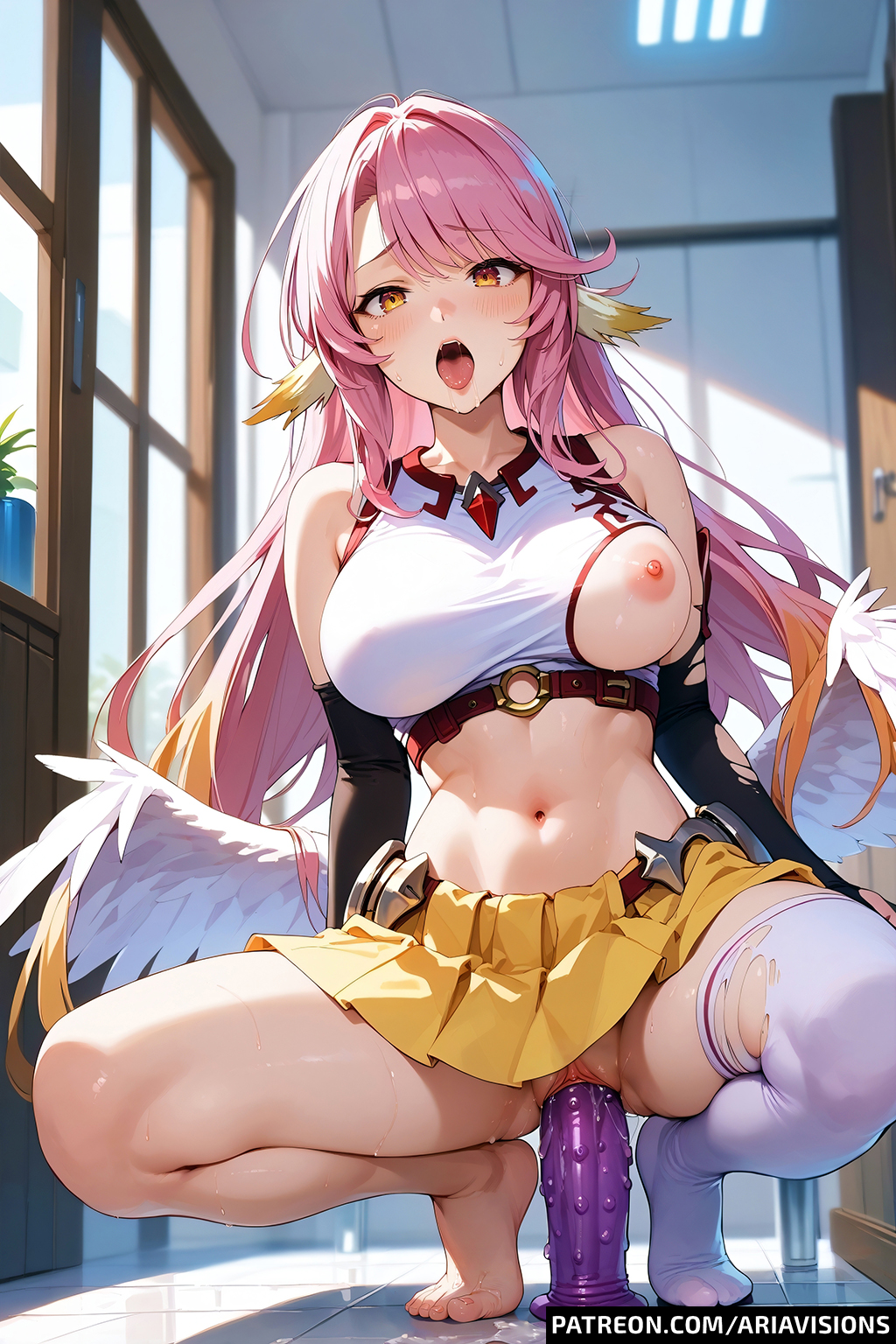 ai_generated angel_wings ariavisions big_dildo bird_ears breasts_out dildo dildo_in_pussy feet jibril_(no_game_no_life) moaning no_game_no_life open_mouth pink_hair purple_dildo pussy_juice squat squatting squatting_on_dildo studded_dildo yellow_eyes