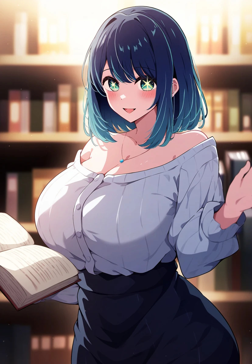 ai_due ai_generated bare_legs blue_hair blush gigantic_breasts green_eyes huge_breasts huge_thighs kurokawa_akane light-skinned_female light_skin looking_at_viewer massive_breasts medium_hair oshi_no_ko shounen_jump+ smiling solo_female squatting star-shaped_pupils sweat sweatdrop thick_body thick_female thick_thighs thighs voluptuous voluptuous_female