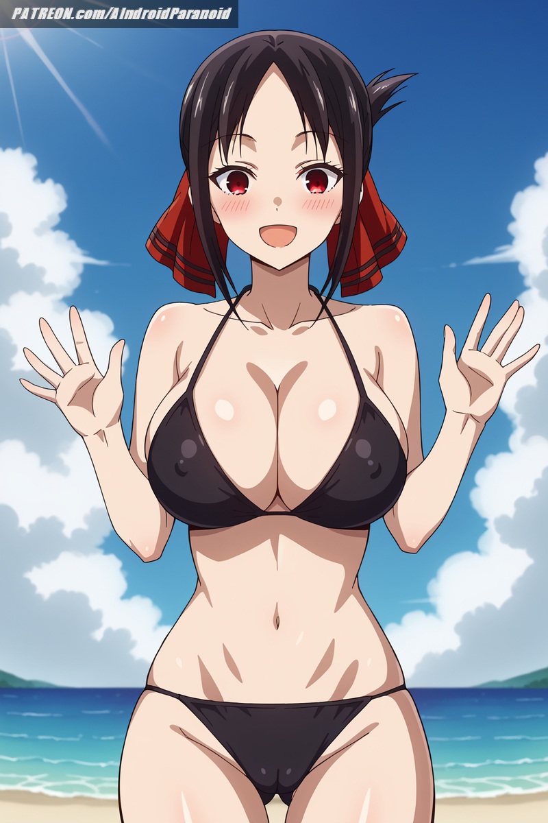 ai_generated aindroidparanoid ass beach big_ass big_breasts bikini bikini_bottom black_bikini black_hair breasts busty cameltoe cleavage covered_nipples curvy fat_ass female female_only hips huge_ass huge_breasts kaguya-sama_wa_kokurasetai_~tensai-tachi_no_renai_zunousen~ large_ass large_breasts nipples outdoors red_eyes ribbon shinomiya_kaguya stable_diffusion swimsuit voluptuous waving