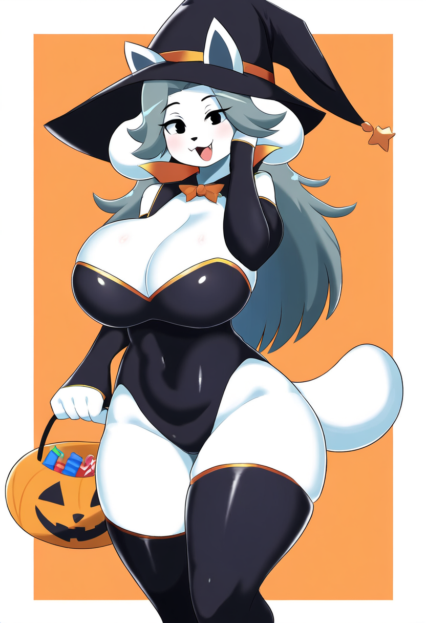 ai_generated anthro big_breasts bomboklat candy_bucket female female_only halloween legwear nai_diffusion novelai self_upload temmie_(undertale) thick_thighs undertale undertale_(series) weedvee420 witch_hat