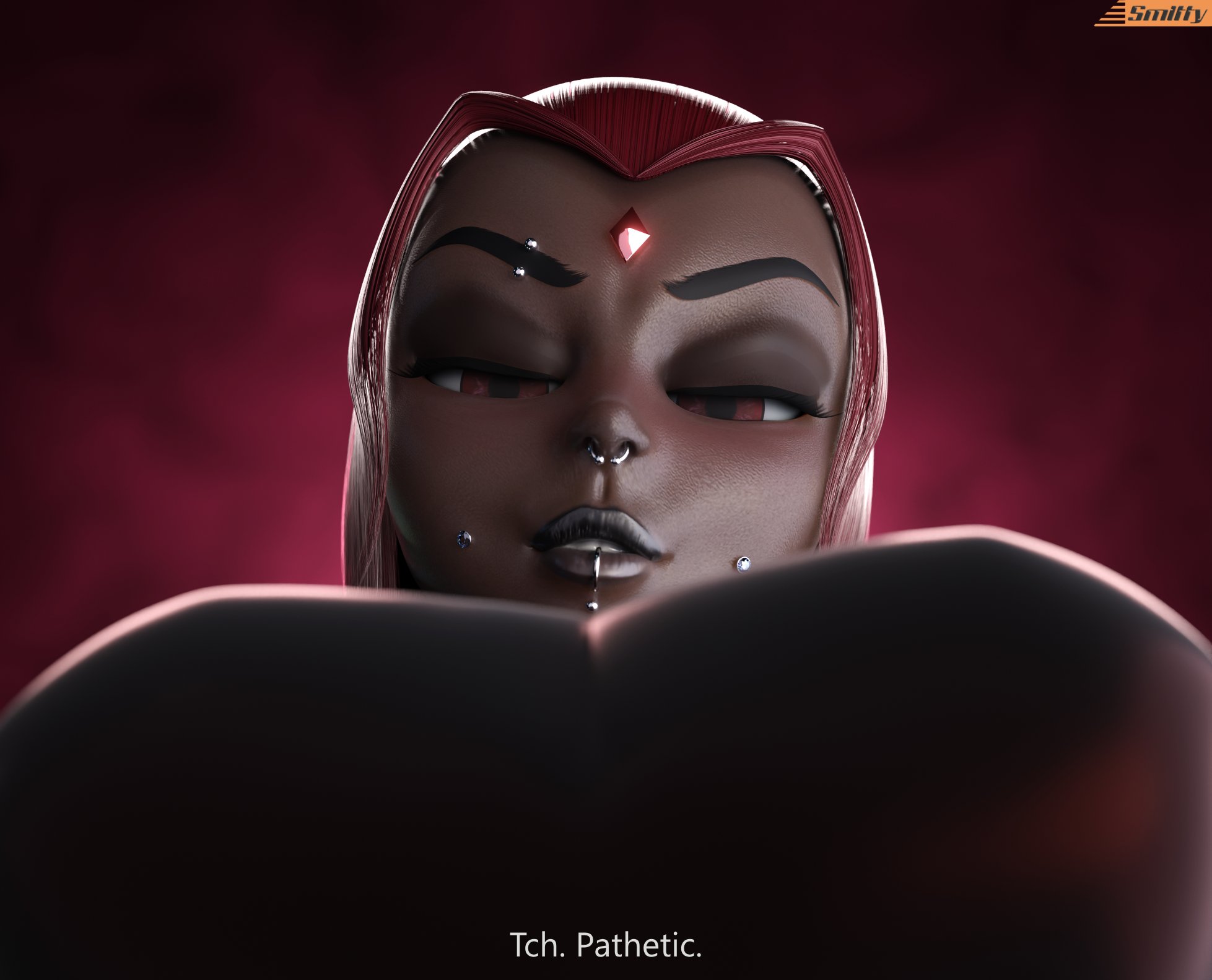 1girls, 3d, alternate version, big breasts, breasts, clothed, clothed female, dark skin, dark-skinned female, dc, dc comics, female, female only, piercings, race swap, rachel roth, raven (dc), red hair, smitty34, solo, talking to viewer, taller female, teen titans, text