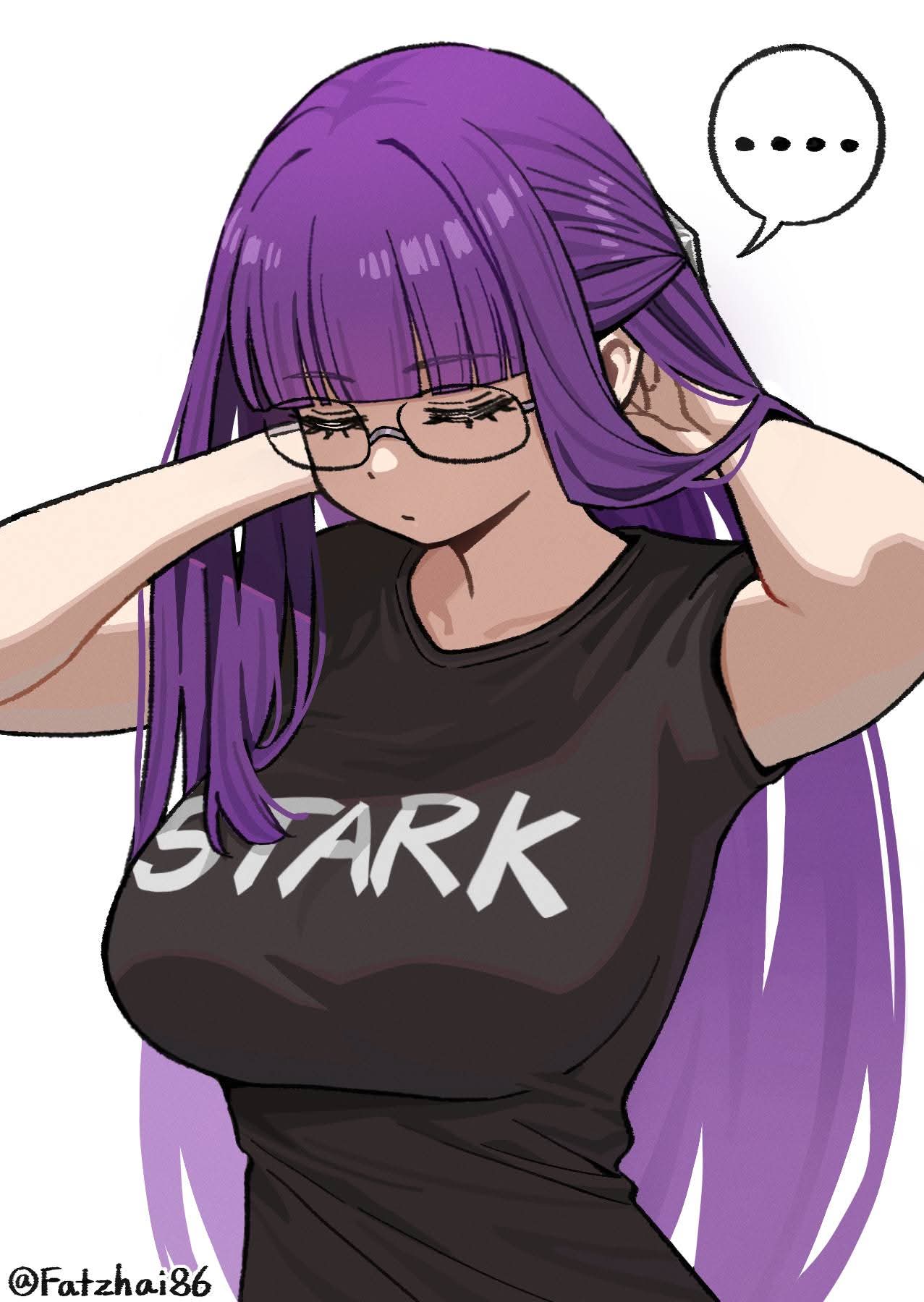 big breasts, breasts, closed eyes, fatzhai, female, fern (sousou no frieren), frieren beyond journey's end, glasses, purple hair, sfw, sousou no frieren, stark shirt, t-shirt