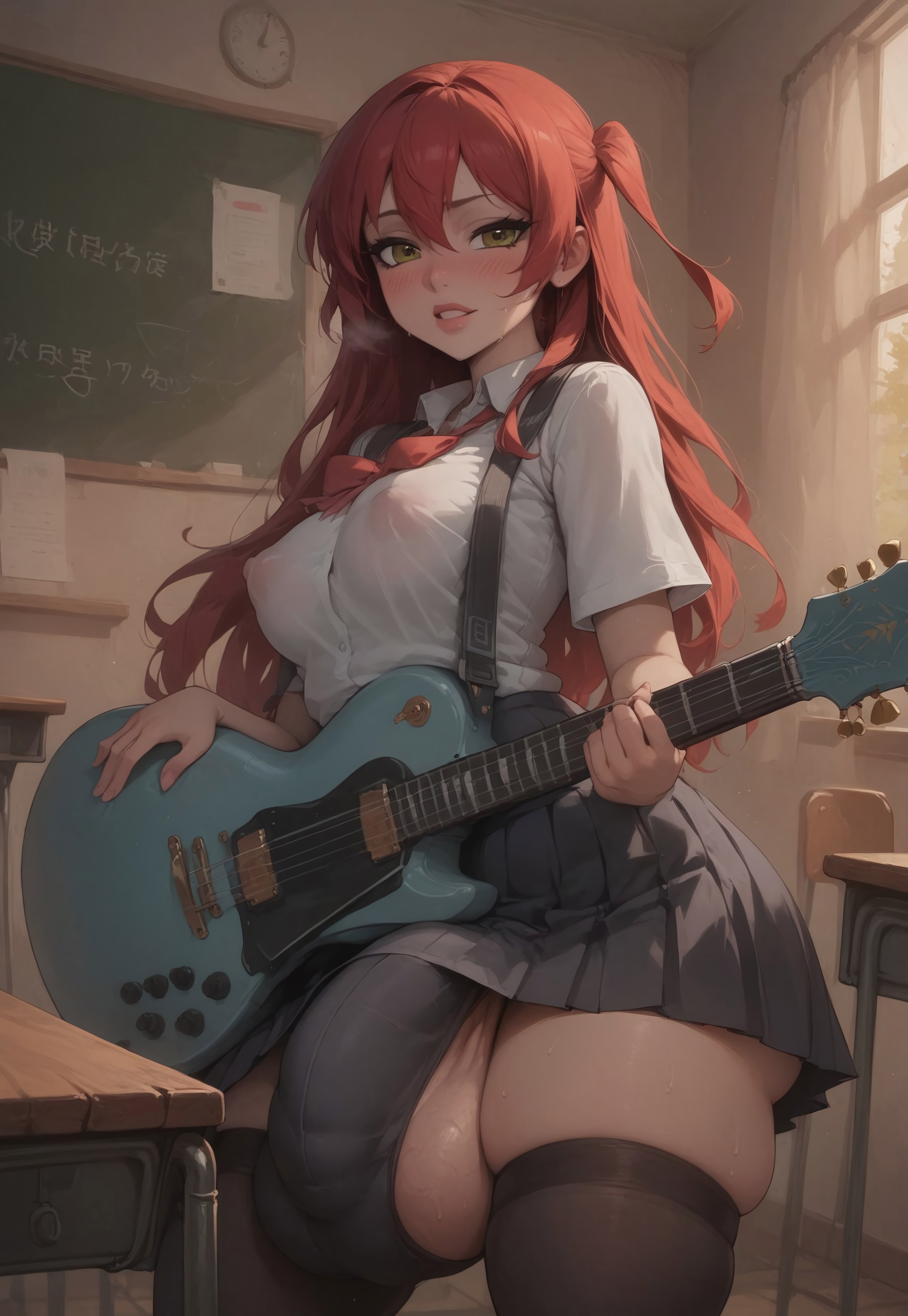 1futa, ai generated, bocchi the rock!, bulge, bulge through clothing, civitai, erect penis, erection, erection under clothes, futa only, futa sans pussy, futanari, green eyes, guitar, huge cock, intersex, kita ikuyo, penis, red hair, yellow eyes