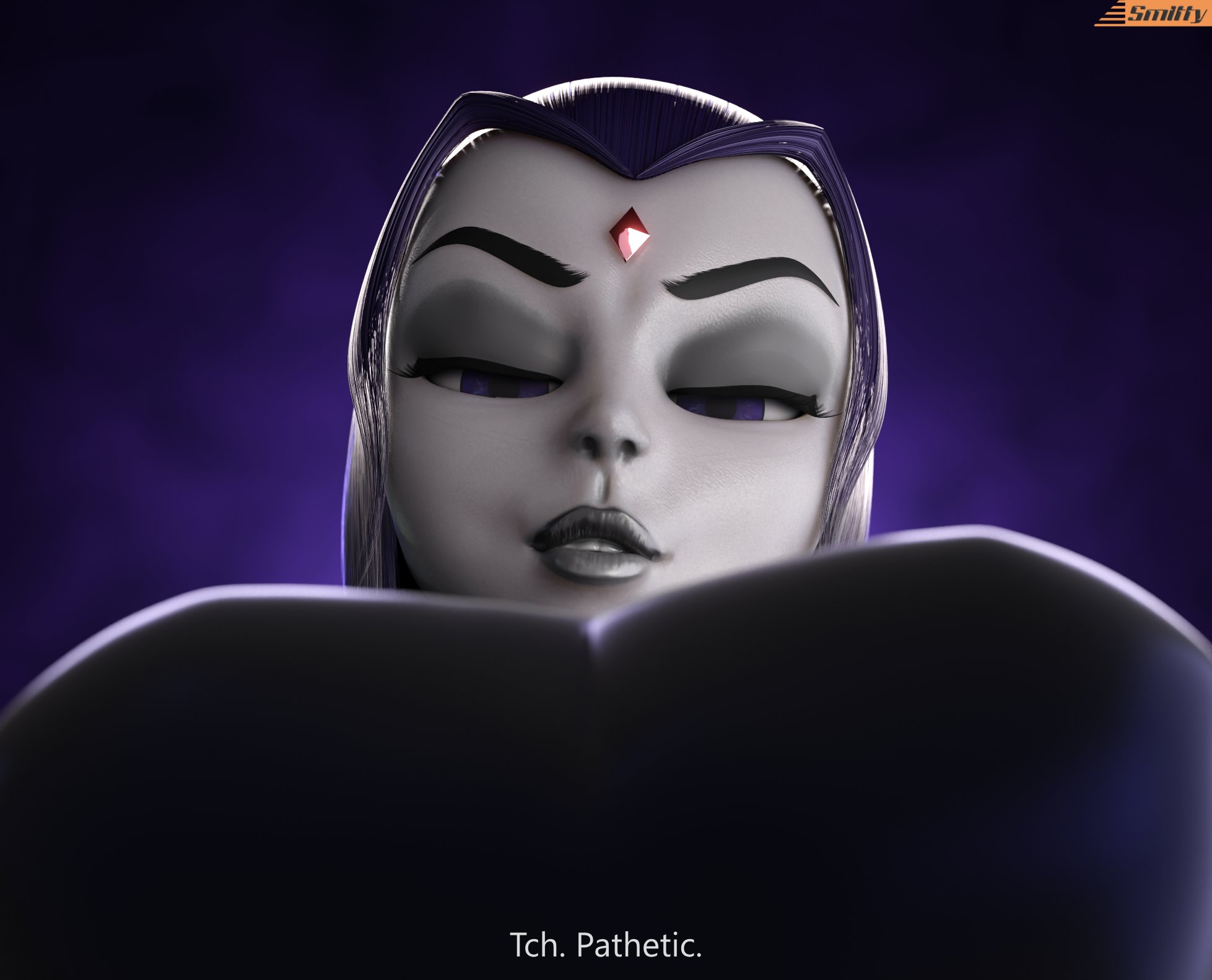 1girls, 3d, big breasts, breasts, clothed, clothed female, dc, dc comics, female, female only, full color, fully clothed, grey skin, grey skinned female, grey-skinned female, no penetration, purple hair, rachel roth, raven (dc), smitty34, solo, solo female, talking to viewer, taller female, teen titans, text