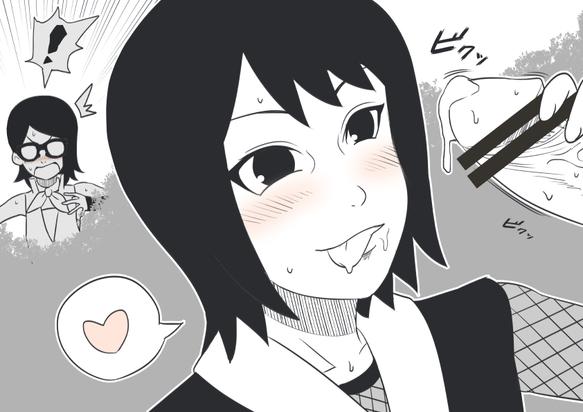 being watched, black eyes, black hair, boruto: naruto next generations, censor bar, cum, cum on penis, eeshin (eishin5584), faceless male, fellatio, female, handjob, licking lips, male, monochrome, naruto, naruto (series), penis, pleasure face, sarada uchiha, shizune, shocked expression, short hair