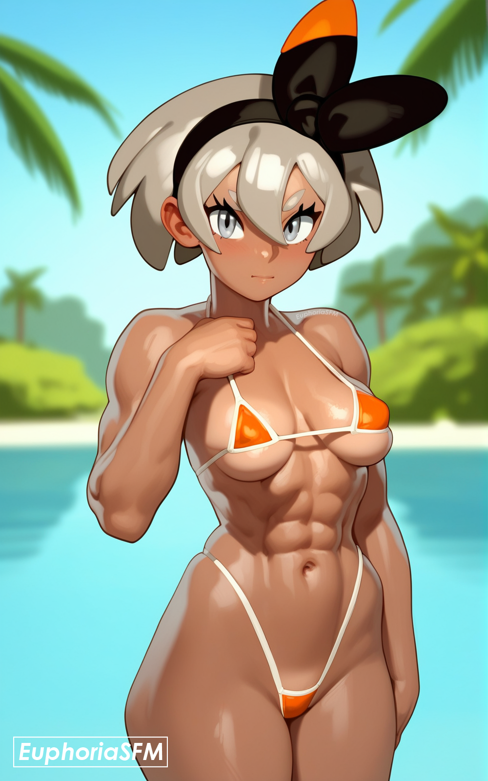 1girls ai_generated background bea_(pokemon) bikini blurry_background blush blushing_at_viewer breasts cowboy_shot dark_skin dark_skinned_female fit_female game_freak grey_eyes grey_hair looking_at_viewer micro_bikini muscle_girl muscles pokemon pool pov short_hair tanned tanned_female tanned_girl tanned_skin thats_euphoria thighs