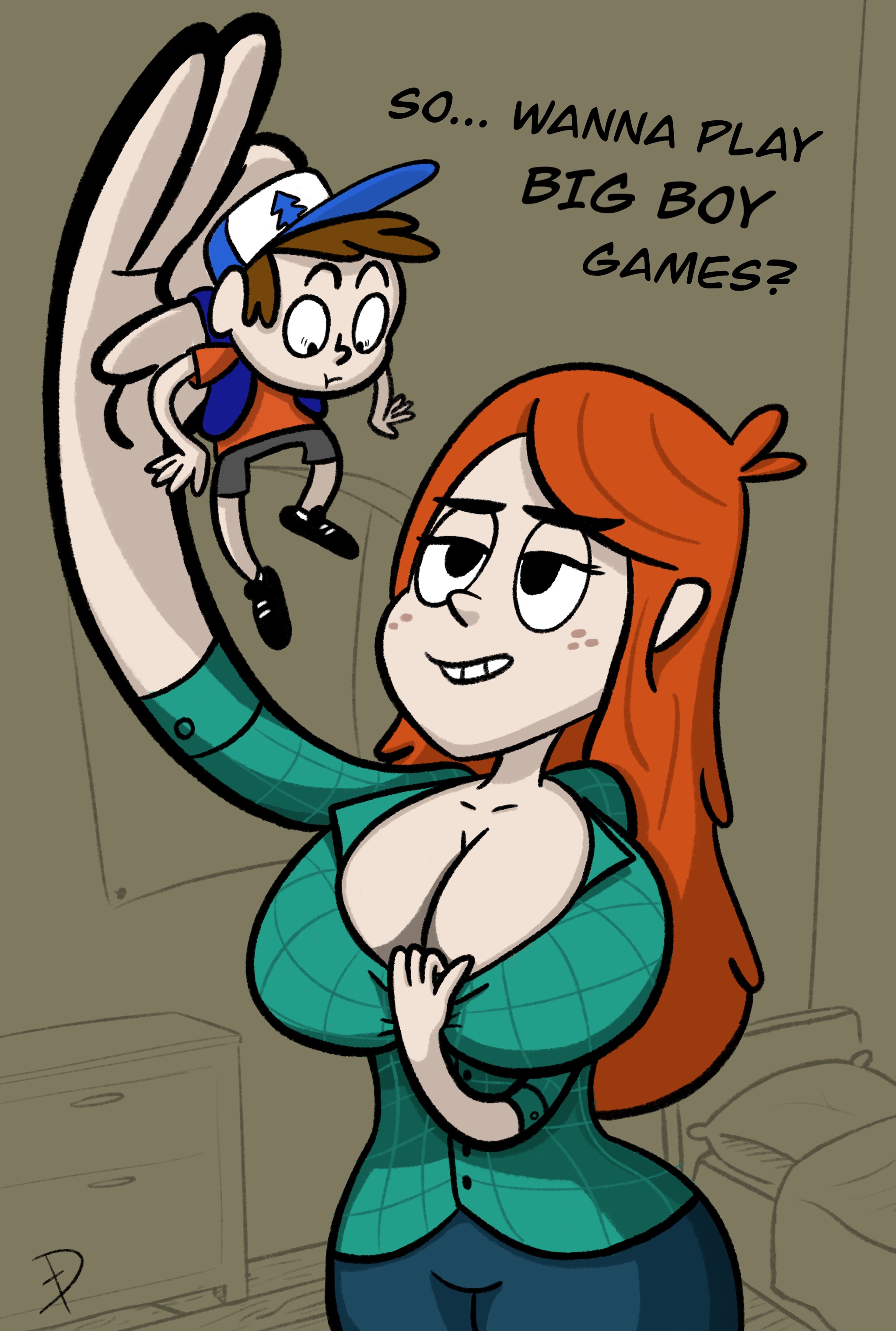 baseball cap, big breasts, breasts, cleavage, defmno, dipper pines, disney, disney channel, female, giantess, gravity falls, orange hair, perspective, pine tree (symbol), red hair, redhead, shrinking, size difference, smooth skin, wendy corduroy