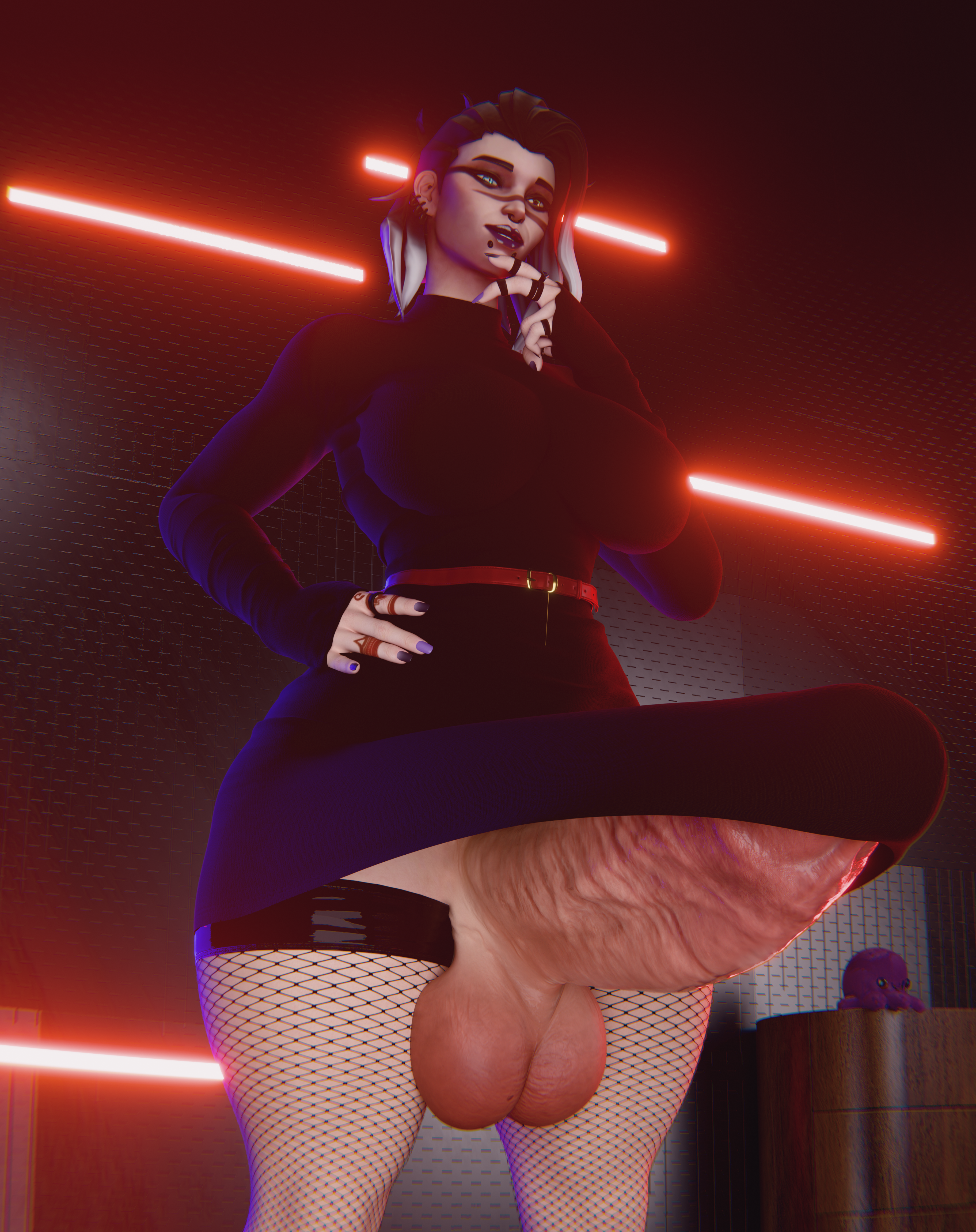 3d, balls, big balls, big breasts, big penis, black hair, blender, breasts, circumcised, dress, erection, erection under clothes, fade (valorant), fishnet legwear, fishnets, futa only, futanari, heterochromia, intersex, looking at viewer, low-angle view, manufatura, penis, ring, self upload, short hair, solo, tagme, tattoo, thick penis, valorant, veiny penis